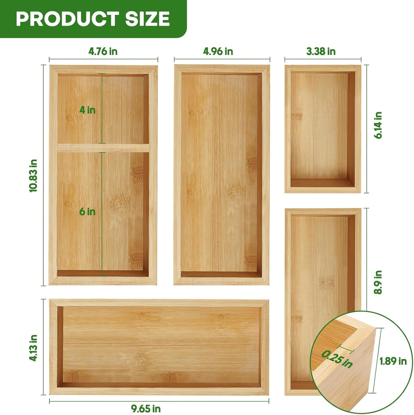 Bamboo Drawer Organizer Set, 5 PCS Multi-Use Individual Wood Storage Organizers