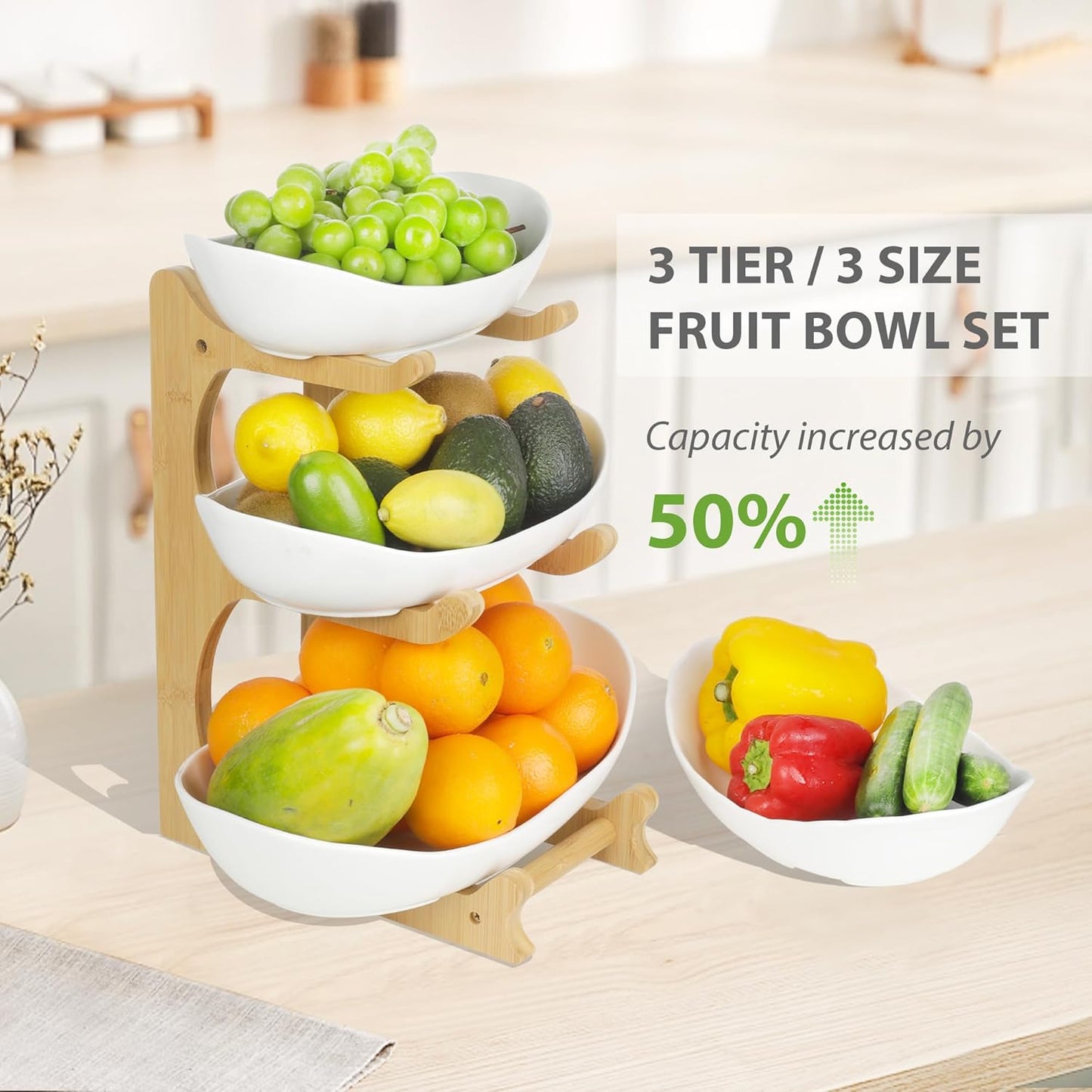 3 Tier Fruit Bowl for Kitchen Counter (PLUS Series) / Ceramic Serving Bowls with Bamboo Stand/Big Size Tiered Fruit Basket for Fruit Vegetable Storage, Dessert, Salad Buffet Server