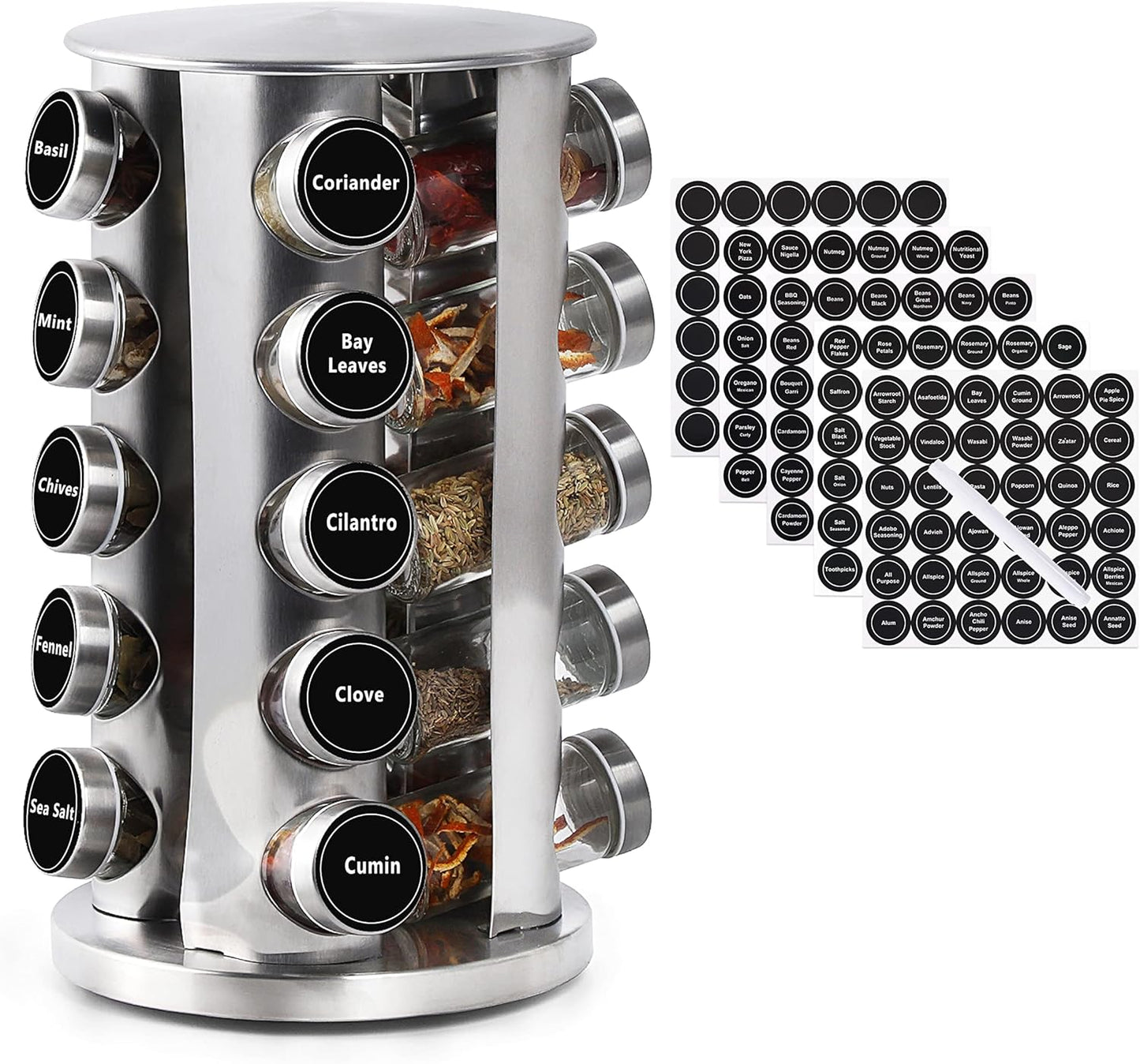 Revolving Spice Rack with 20 Jars, Rotating Spice Rack Organizer, Seasoning Organizer with Labels