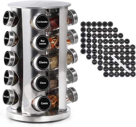 Revolving Spice Rack with 20 Jars, Rotating Spice Rack Organizer, Seasoning Organizer with Labels