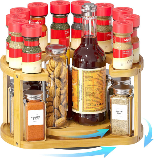 2 Tier Bamboo Spice Rack Organizer, Lazy Susan Turntable for Cabinet