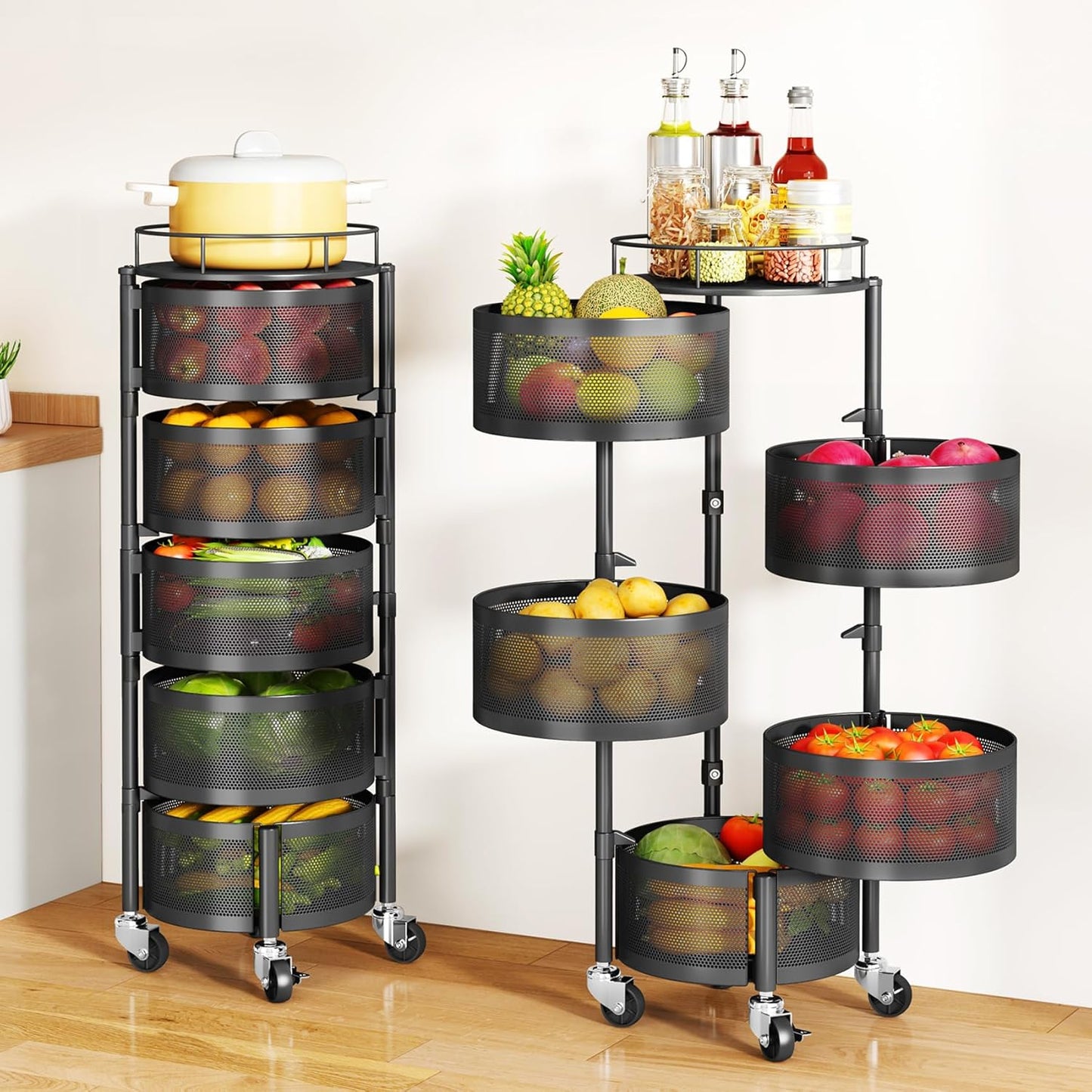 Fruit Vegetable Basket for Kitchen, Rotating Storage Rack, 5 Tier Rolling Cart with top lid