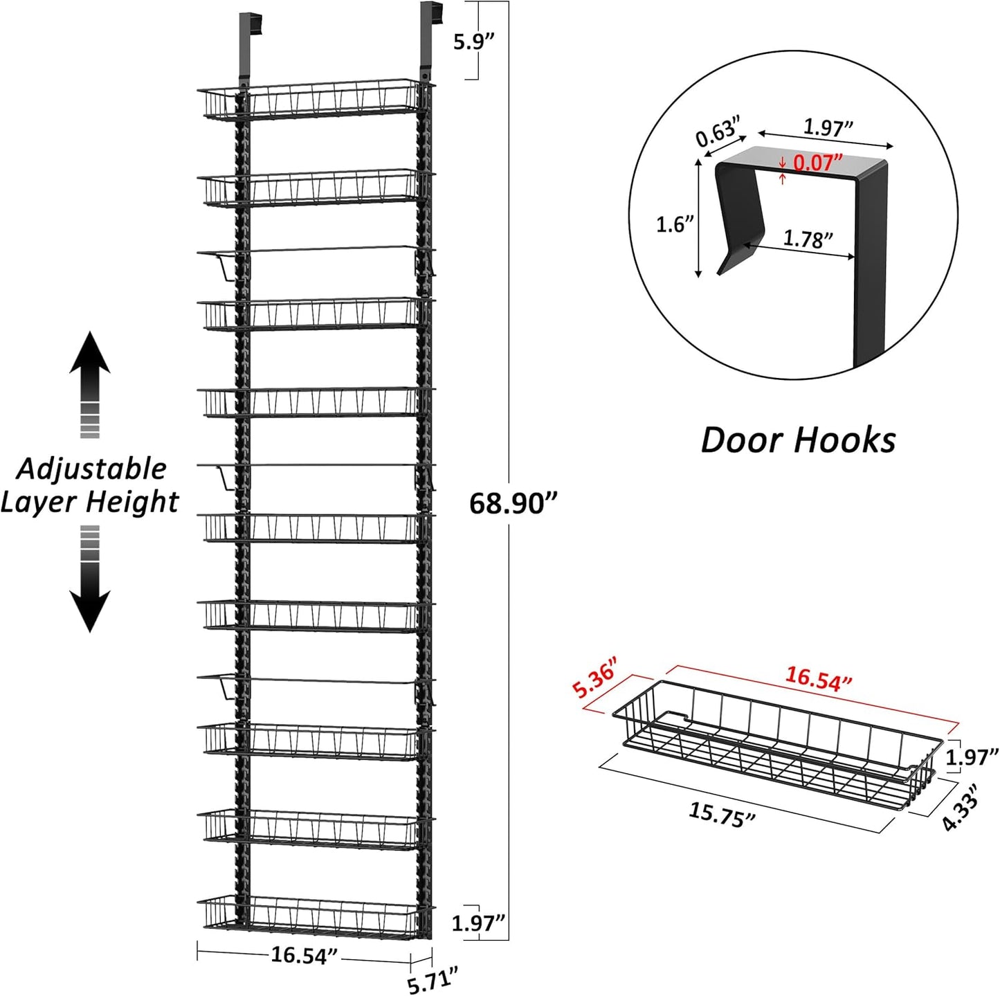 Over the Door Pantry Organizer Rack with 9 Adjustable Baskets