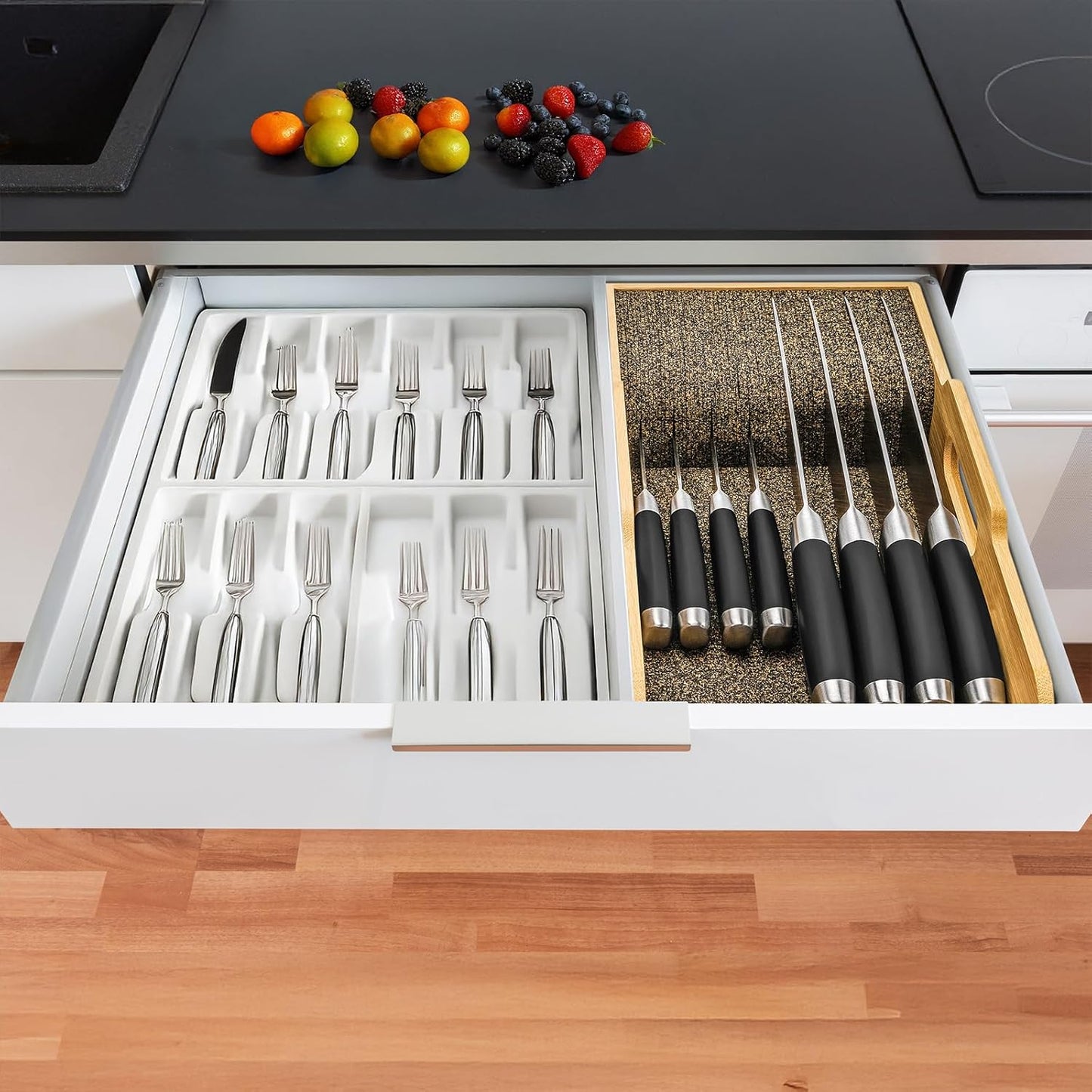 Bamboo Knife Drawer Organizer Insert - Kitchen In-Drawer Knife Block Holder
