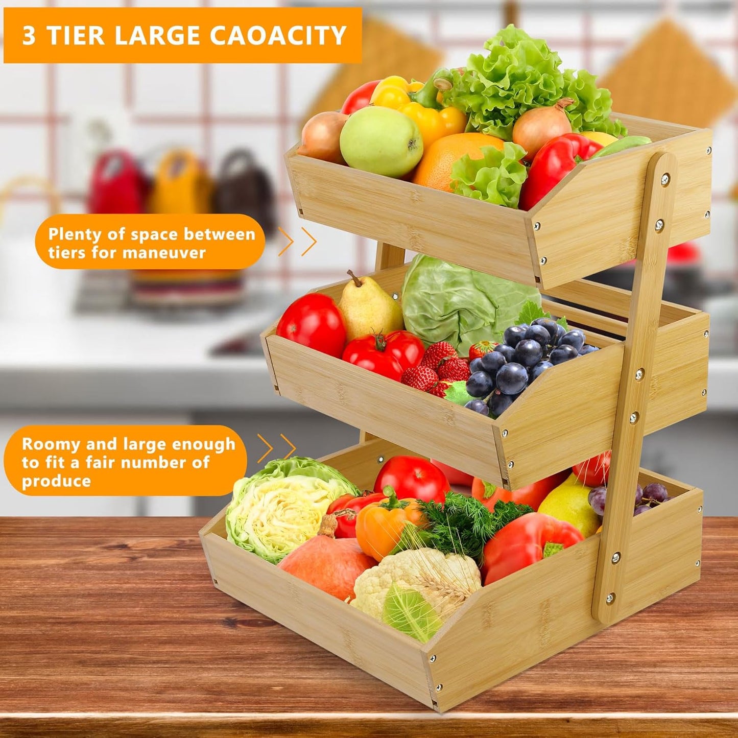 Fruit Basket for Kitchen Counter, 3 Tier Fruit Stand, Fruit Vegetable Storage Basket