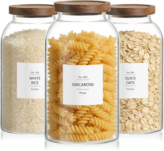 88oz Large Glass Storage Jars with Airtight Acacia Lid and 126 Kitchen Pantry Labels Set of 3