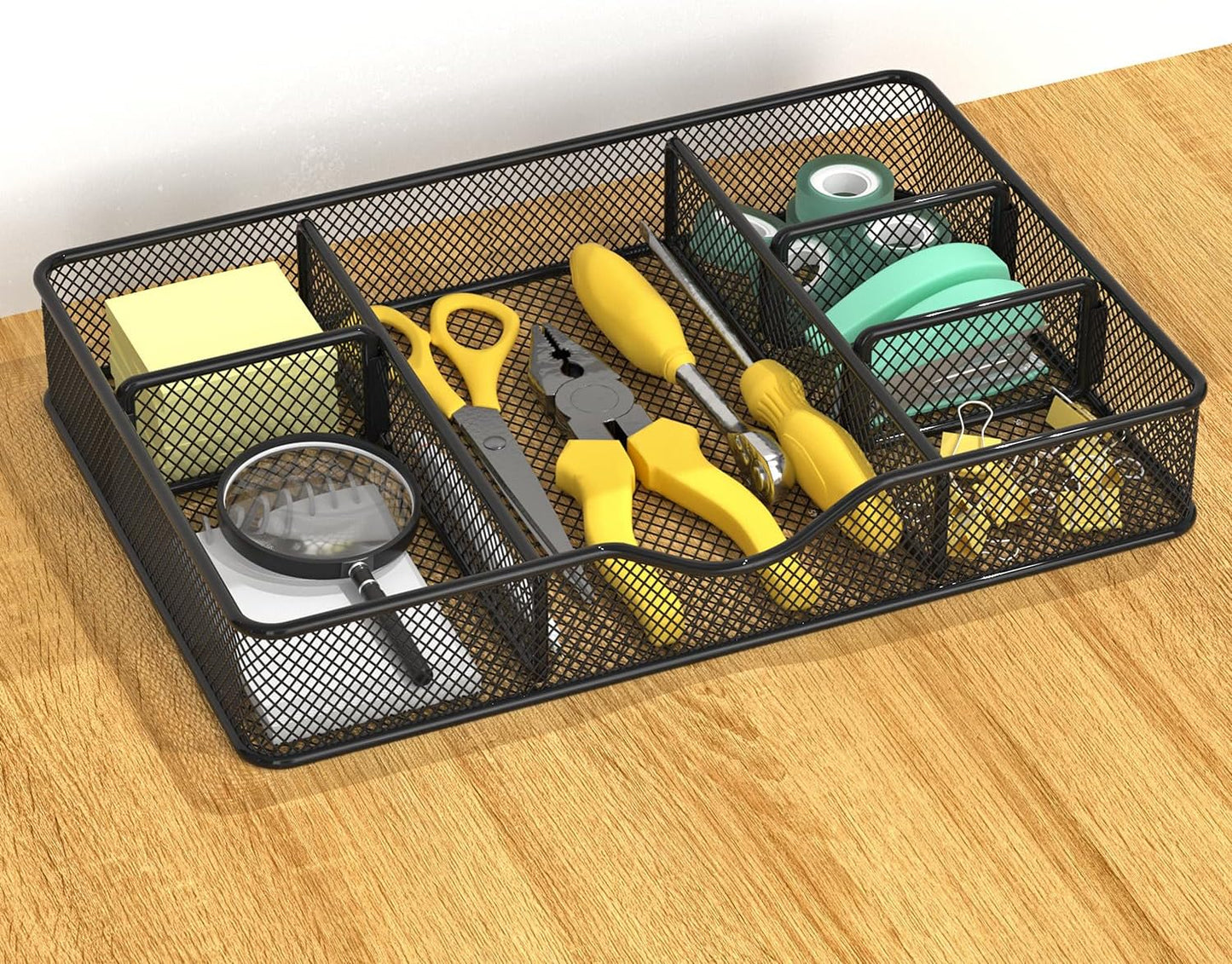 Desk Drawer Organizer Tray, Metal Mesh Drawer Organizers Office, 6 Adjustable Compartment