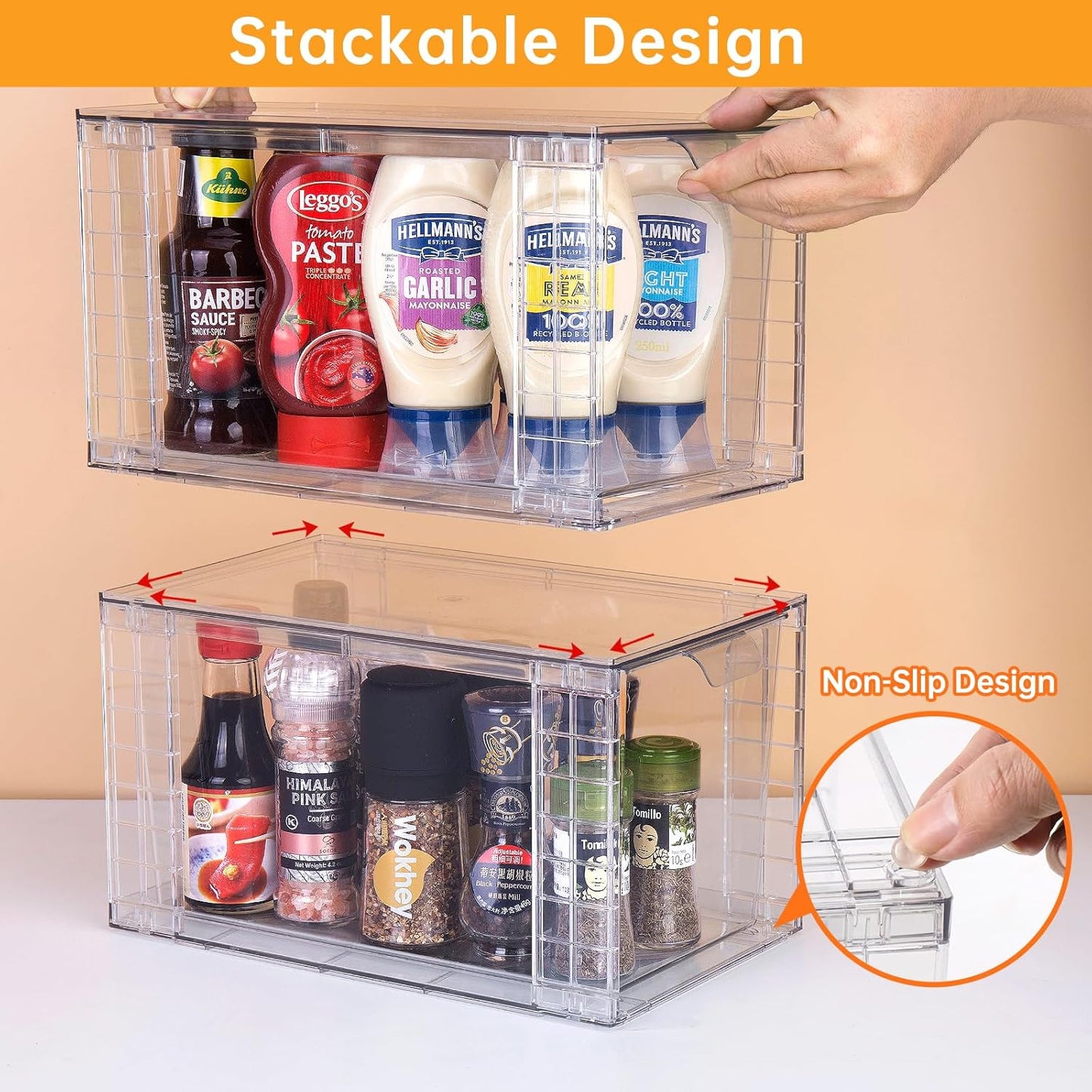 4Pack Large Stackable Kitchen Storage Drawers, Clear Foods Organizer Bins with Handles