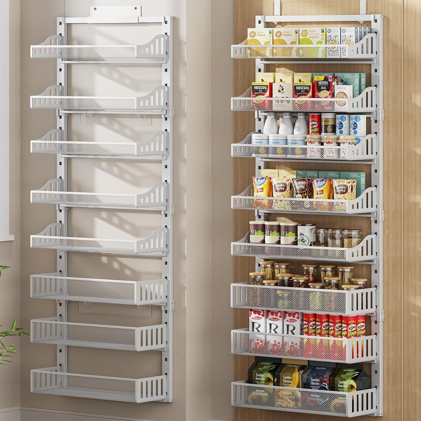 Over the Door Pantry Organizer 8-Tier, Large Metal Door Spice Rack with Adjustable Basket