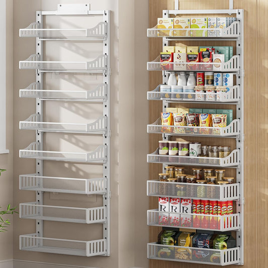 Over the Door Pantry Organizer 8-Tier, Large Metal Door Spice Rack with Adjustable Basket