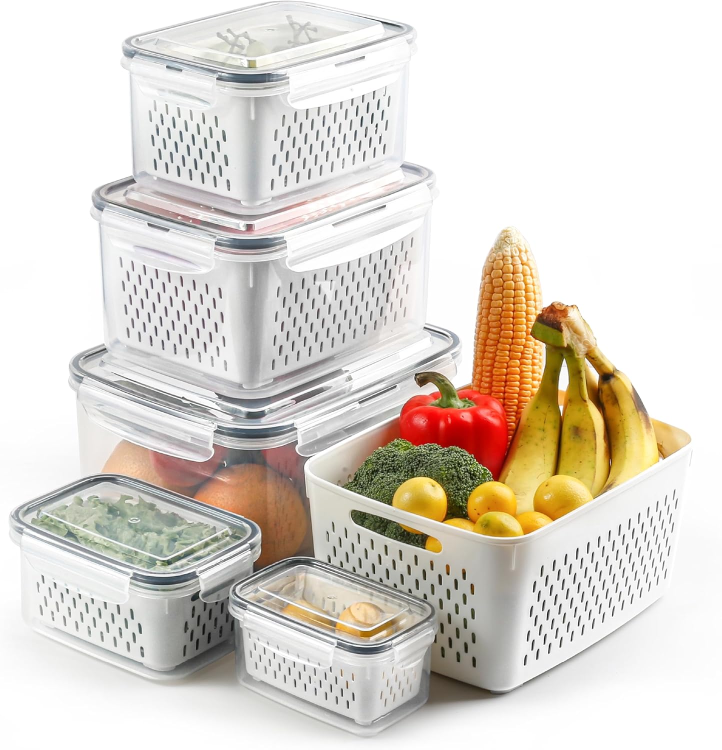 5 Set Fruit Storage Containers for Fridge with Colanders Dishwasher Safe
