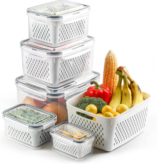 5 Set Fruit Storage Containers for Fridge with Colanders Dishwasher Safe