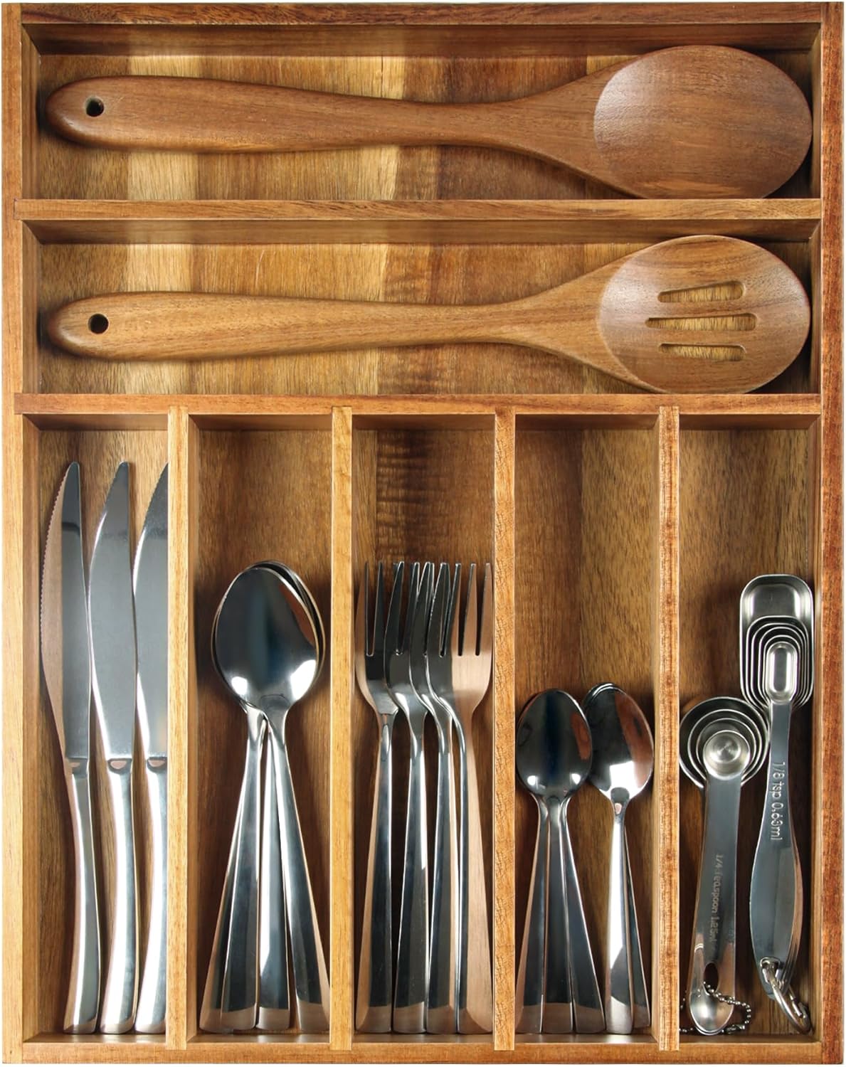 Acacia Wood Silverware Organizer, Kitchen Utensil Drawer Organizer for Forks & Spoons