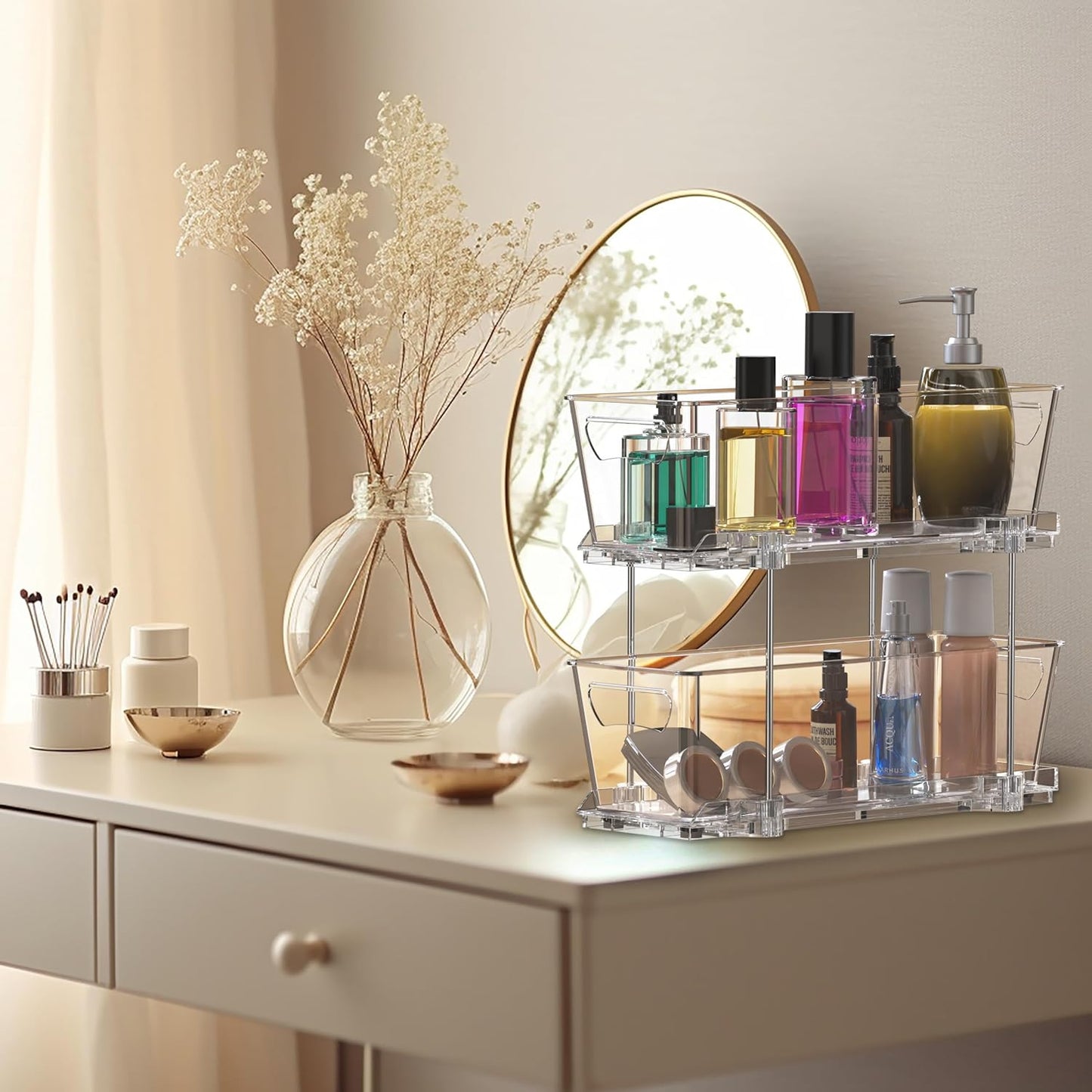 2-Tier Narrow Basket Drawer Cabinet Pull-Out Organizer, Clear