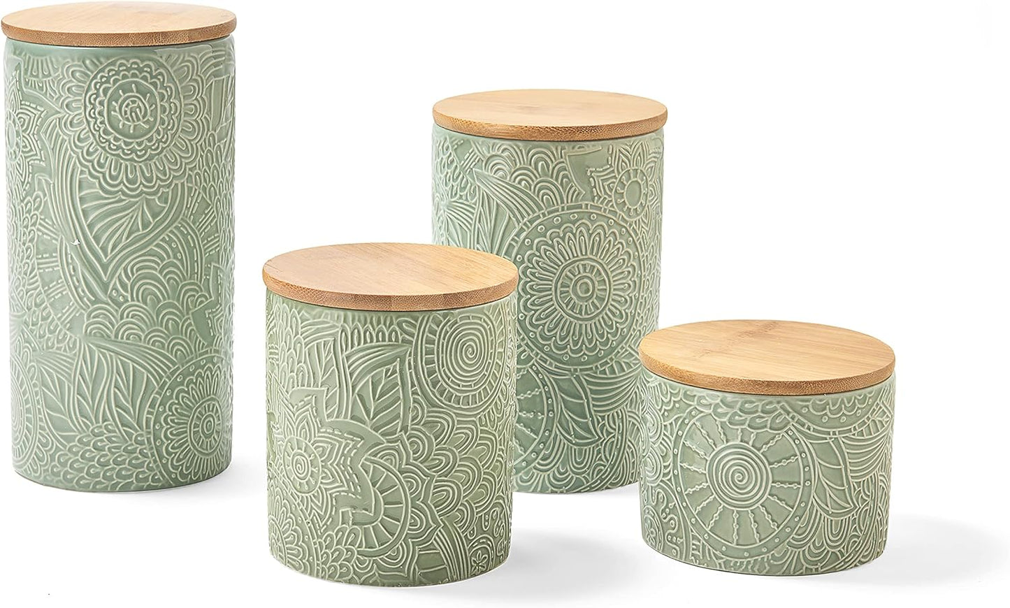 1182486-RB Embossed Canister 4-Piece Ceramic Set Jar Container with Wooden Lids for Cookies, Candy