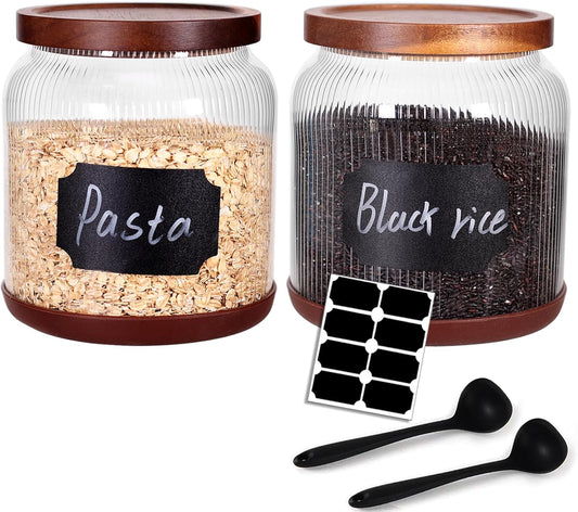 2-Pack Striped Borosilicate Glass Airtight Canisters - Big mouth Large Capacity, Acacia Wood Lid