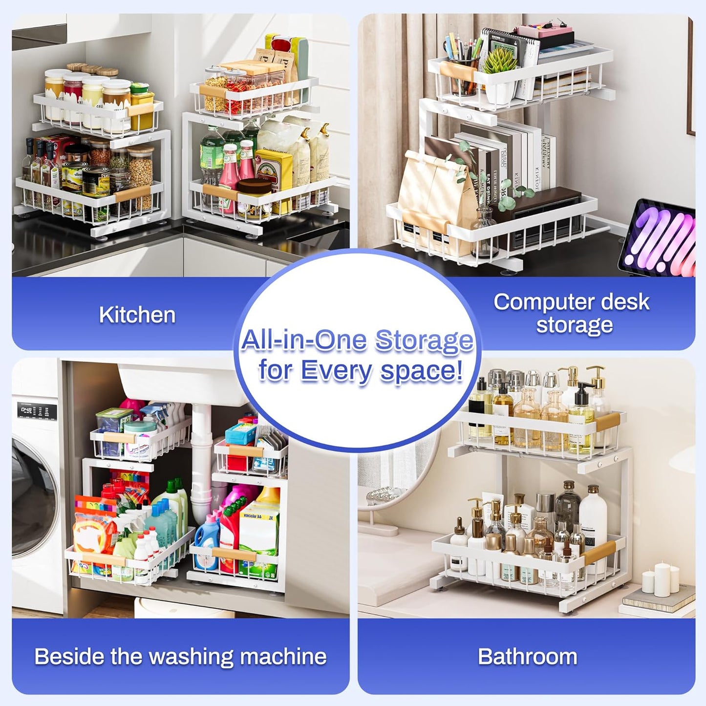 2 Pack Under Sink Organizers and Storage, Height Adjustable 2-Tier Pull Out Cabinet Organizer