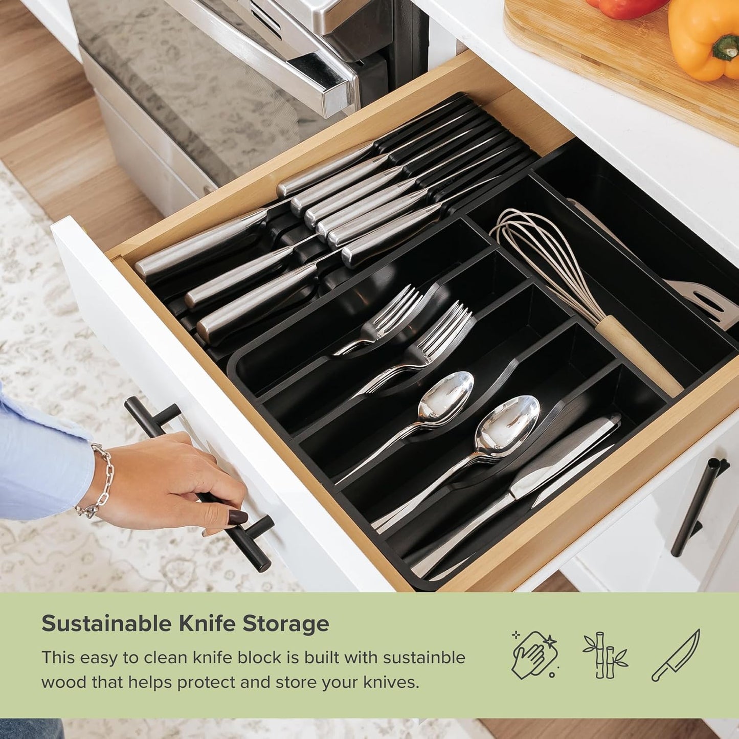 Black Knife Drawer Organizer Insert - Knife Block Holder