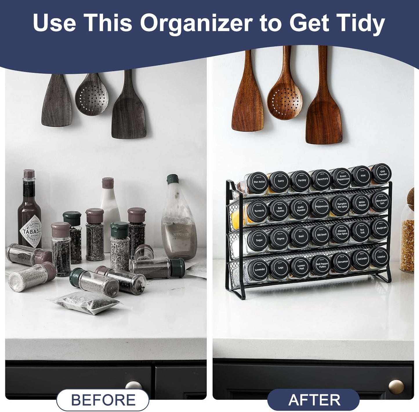 Spice Rack Organizer for Cabinet, Spice Organizer with 28 Empty Spice Jars with Black Lids, Funnel