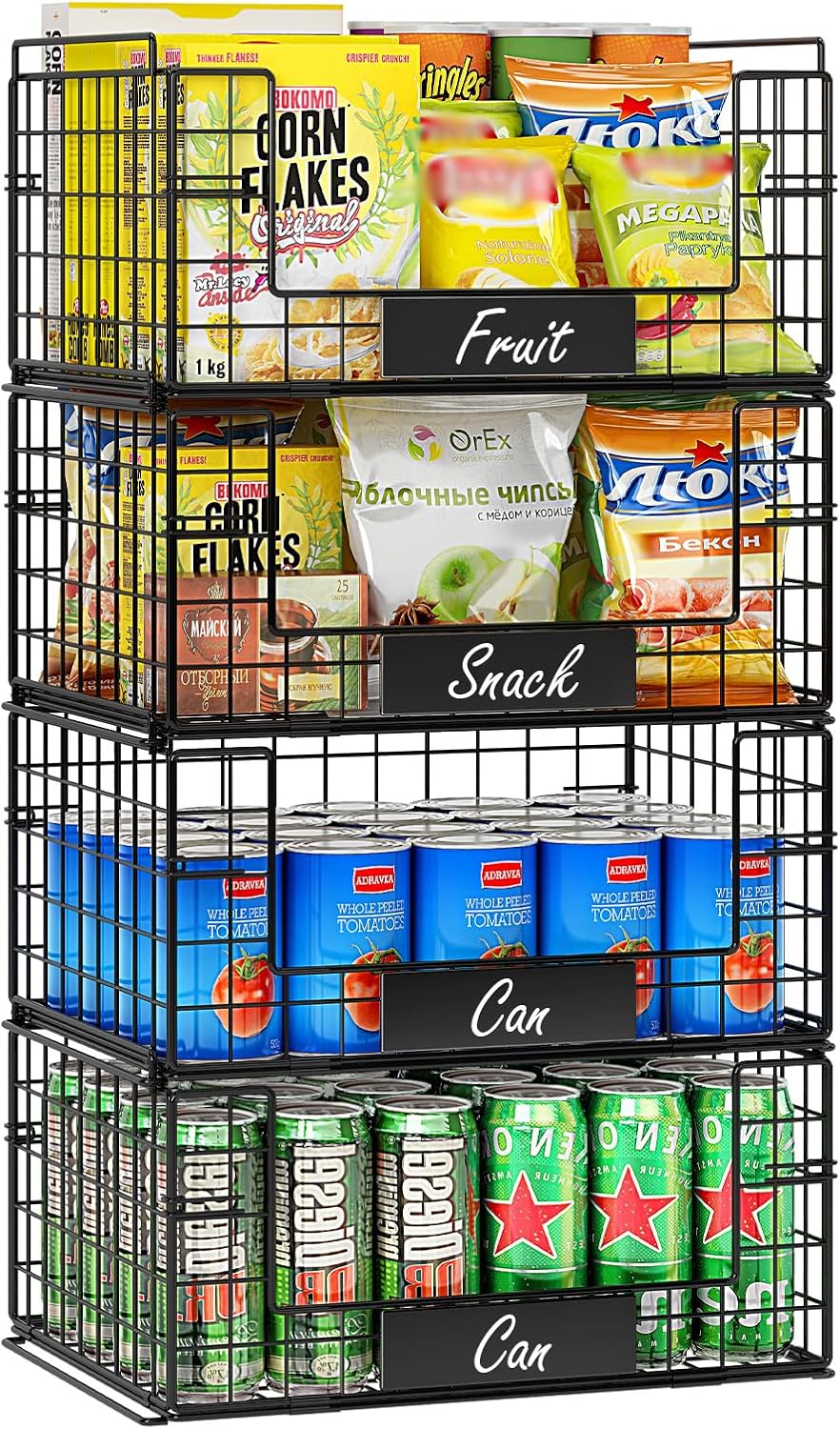 4 Pack XXL Stackable Wire Baskets with Handles for Pantry Storage and Organization,Fruit and Vegetable Basket with Name Plates,Metal Storage Bins for Snack Can Fruit Veggies