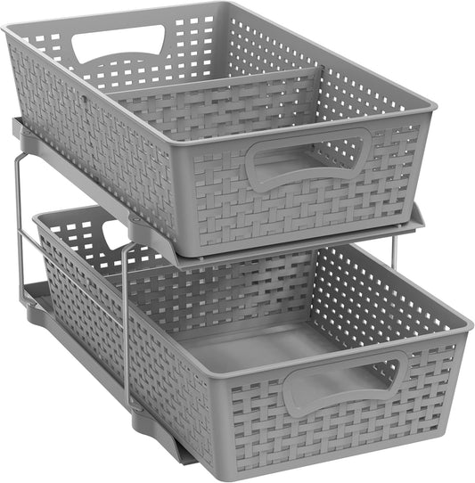 2 Tier Bathroom Organizer Tray Pull-Out Sliding Drawer, Under Sink Storage, Gray