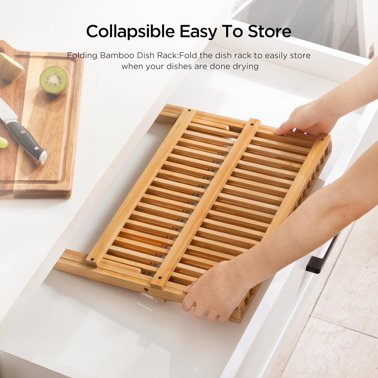 Bamboo Dish Drying Rack with Utensil Holder, 2 Tier Collapsible Dish Rack for Kitchen Counter