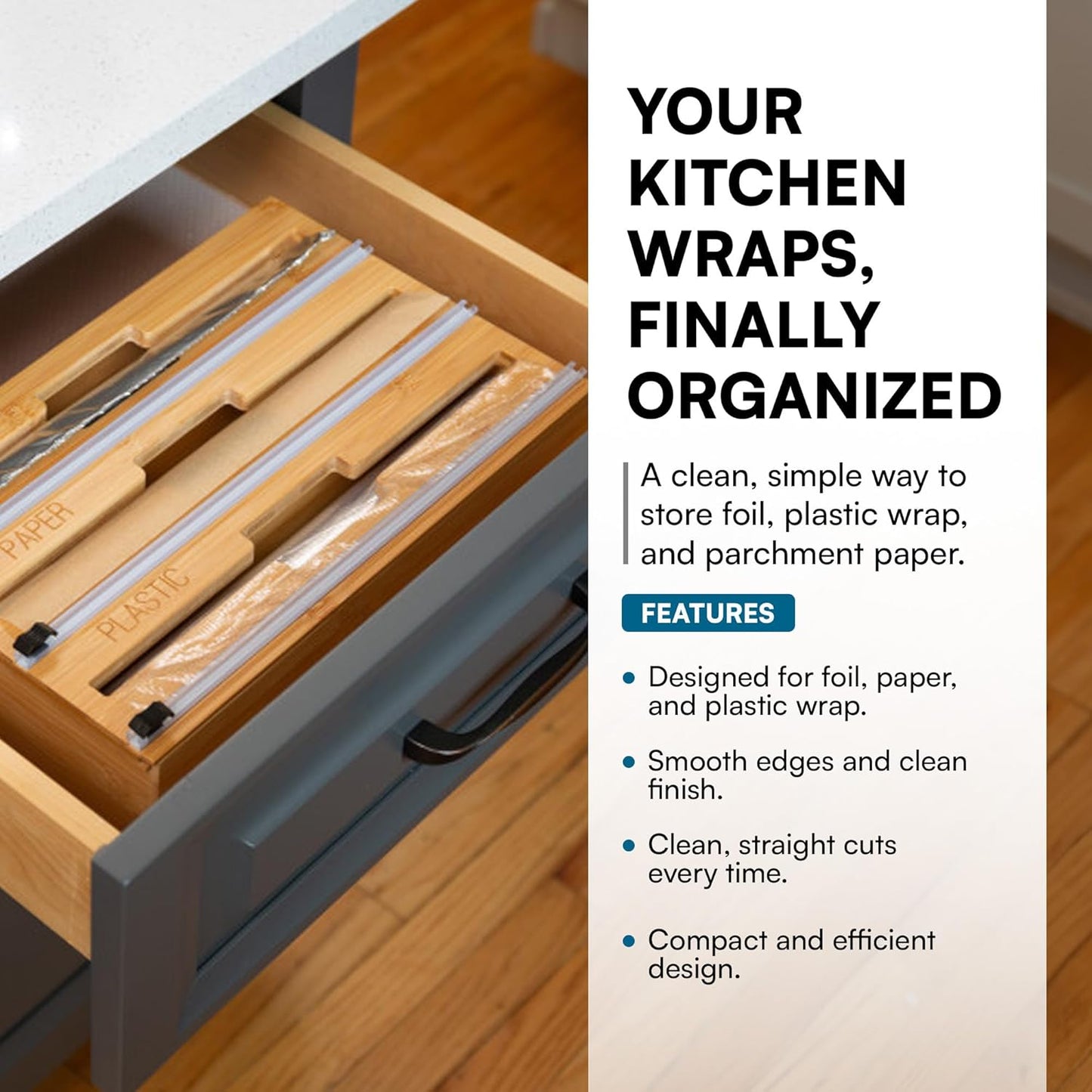 Honey Can Do 3-In-1 Bamboo Food Wrap Organizer With Safety Cutter | Plastic, Wax