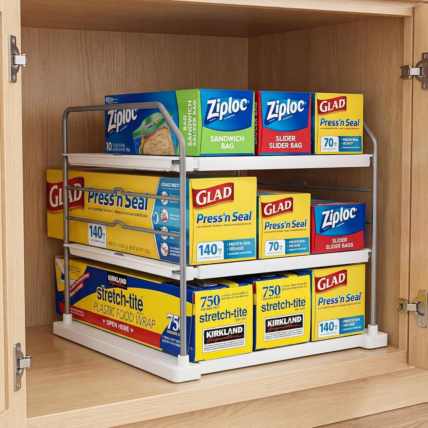 Extendable 3-Tier Kitchen Cabinet & Pantry Organizer for Plastic Wrap, Foil & Storage Bags