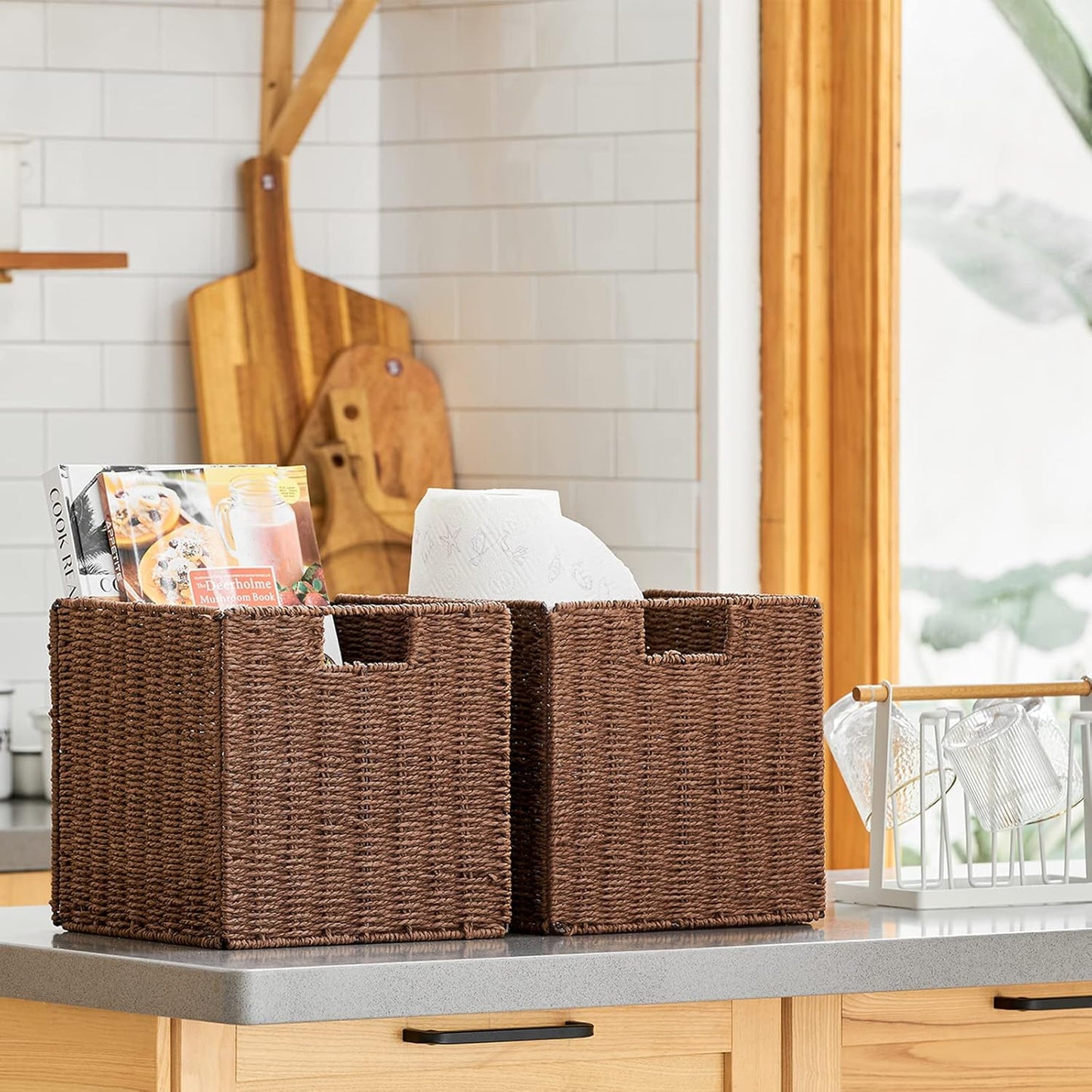 Wicker Storage Basket, Set of 2 Hand-Woven Storage Baskets for Shelves with Handles