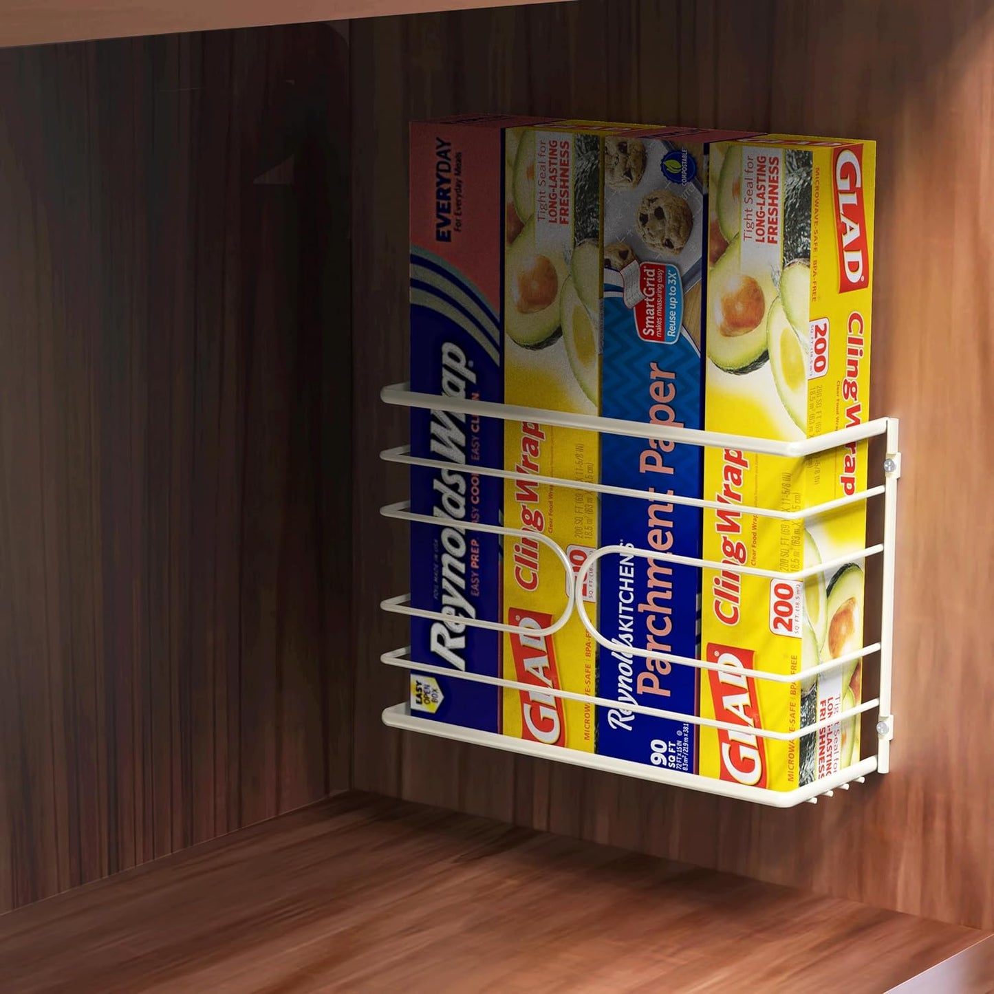 Wall Mount Kitchen Wrap Organizer Rack, White