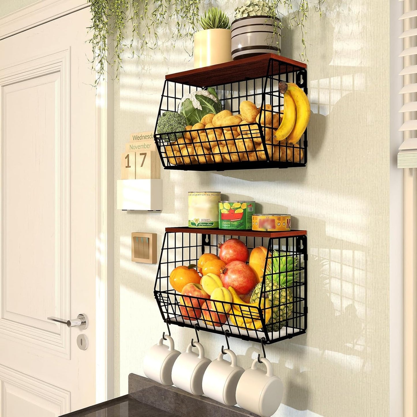 2pcs Fruit Basket Kitchen Storage Basket with Wood Lid
