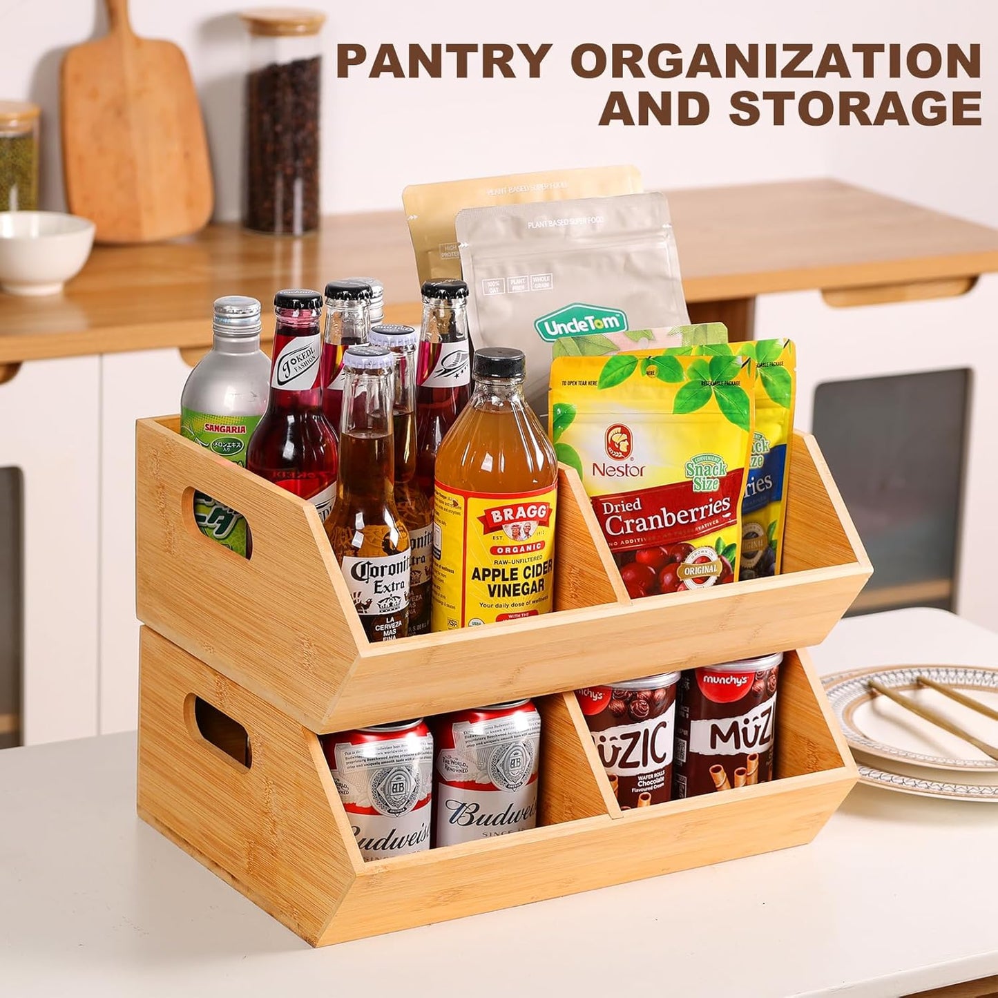 2 Set Bamboo Storage Bins, Pantry Organizers and Storage