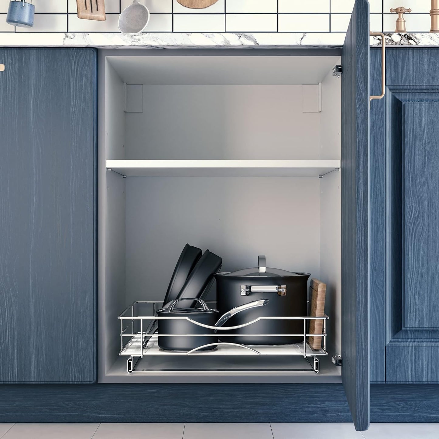 Pull Out Kitchen Cabinet Organizer with Slide Out Drawer for Space Saving Storage, 20” W x 21” L