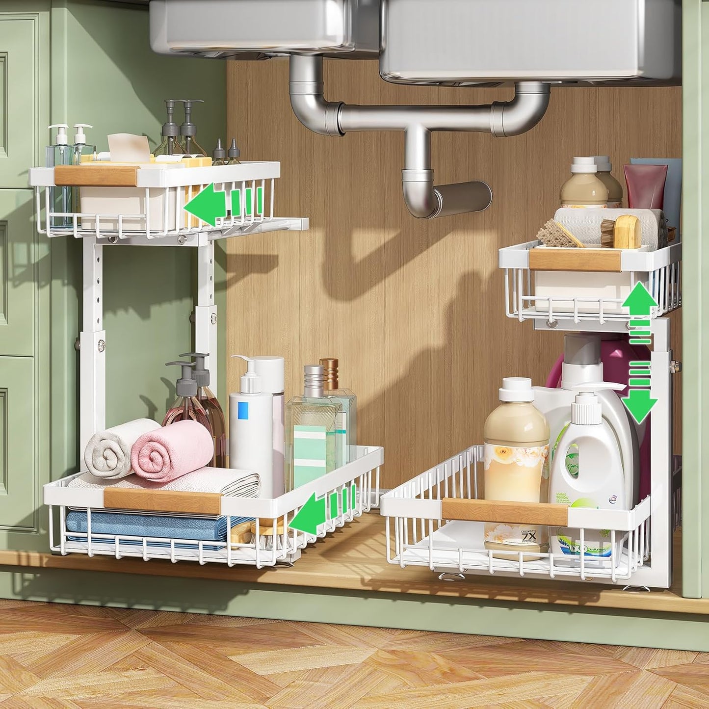 Under Sink Organizer, 2 Tier Under the Sink Storage, Slide out Pull out Cabinet Organizer Shelf