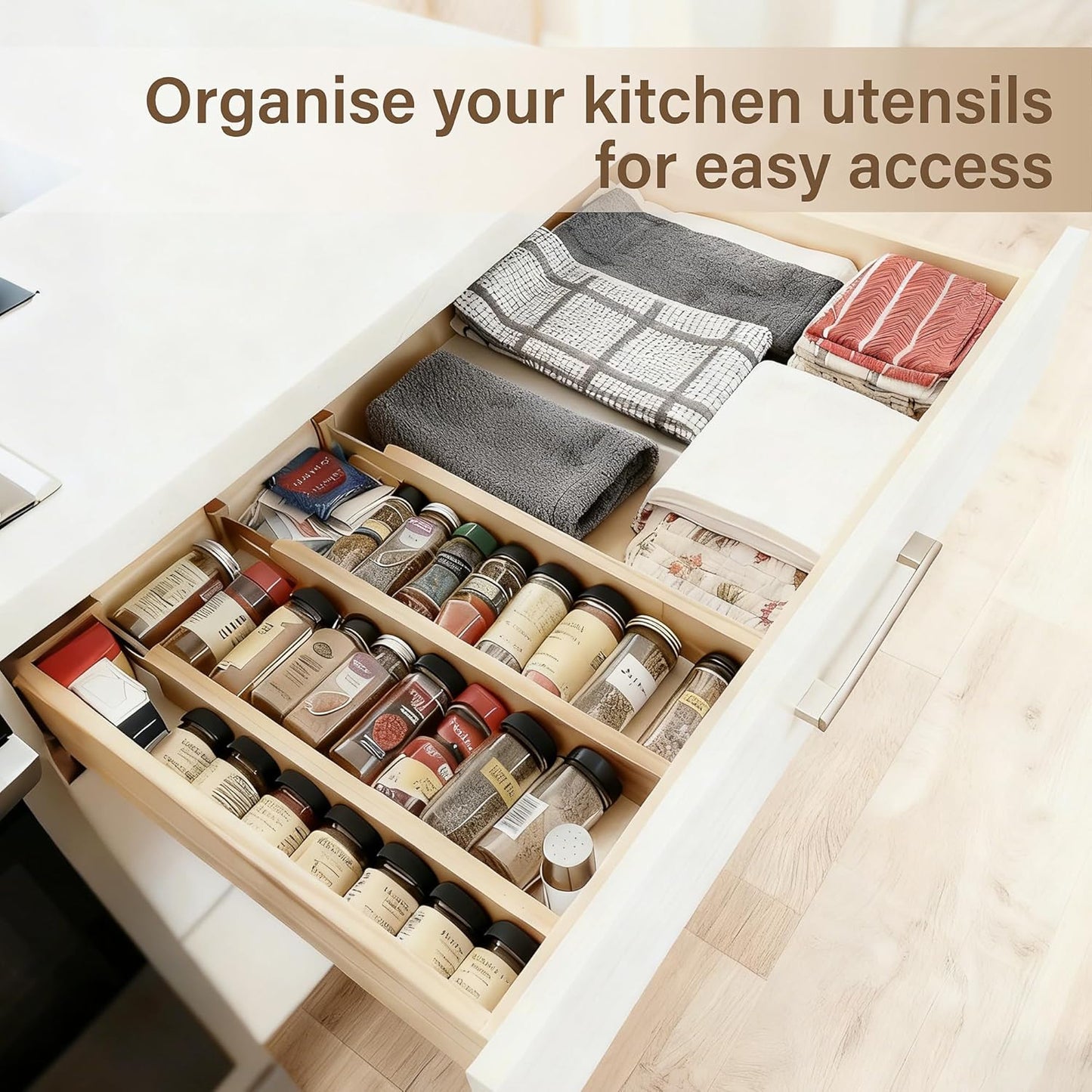 Bamboo Drawer Divider Set of 4, Adjustable Spring-Loaded Drawer Organizer (16.9"-22.2")