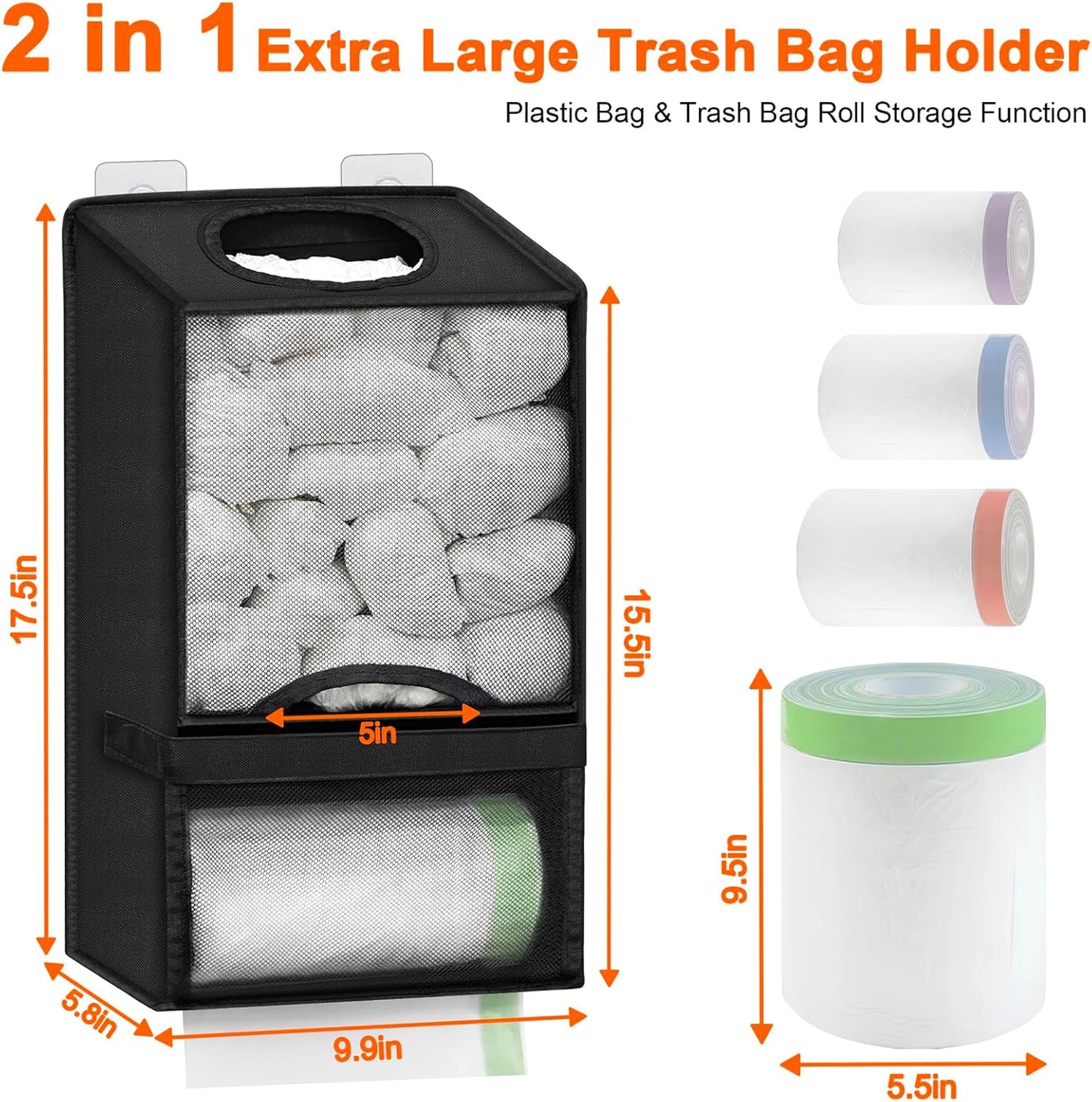 Plastic Bag Holder for Grocery Bags - Large Wall Mount Grocery Bag Holder with Dispenser for Kitchen, Oxford Cloth 2-in-1 Space-saving Plastic Bags Organizer, Black