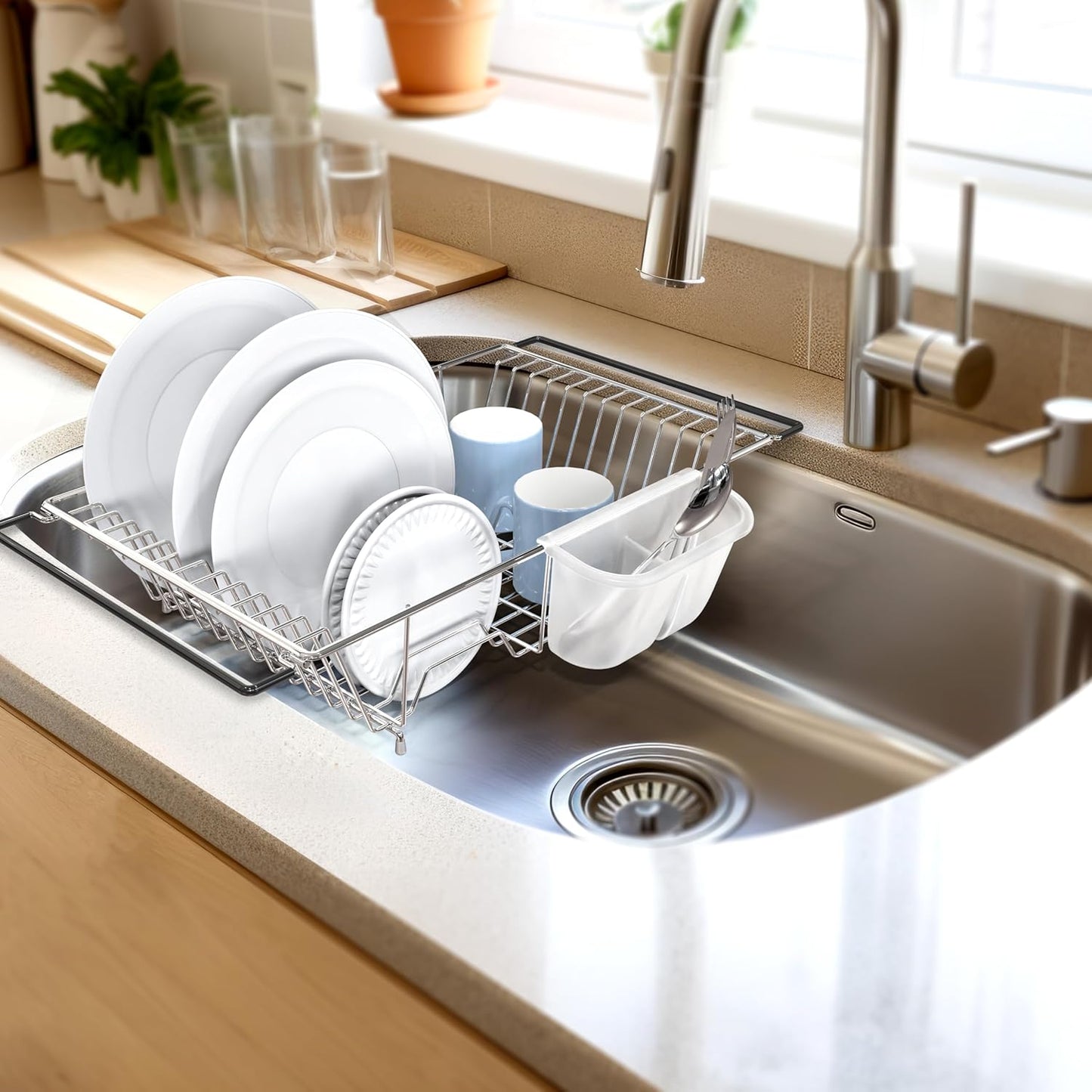 Large Over Sink Counter Top Stainless Steel Dish Drainer Drying Rack with Utensil Holder, Chrome