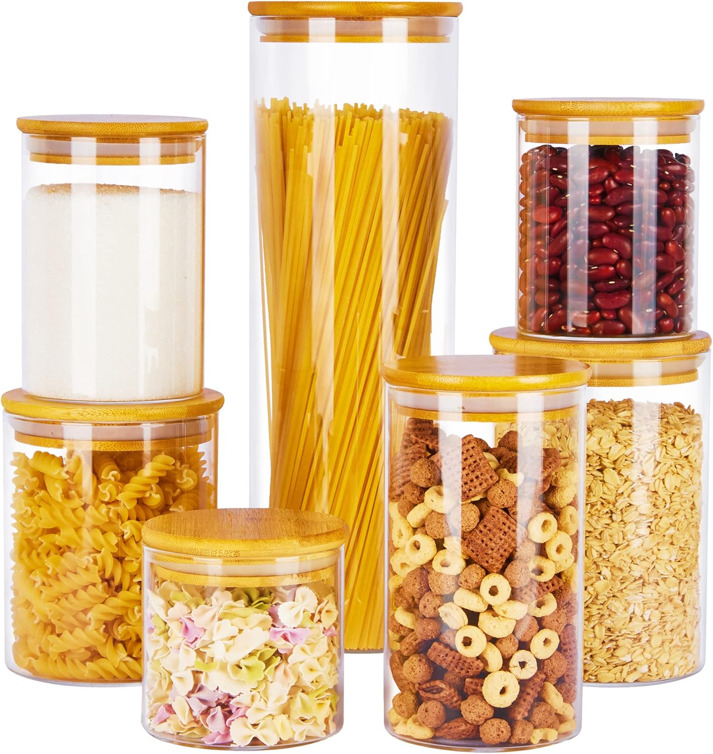 Glass Food Storage Jars, 7 Pack Kitchen Containers with Airtight Bamboo Wooden Lids for Pasta