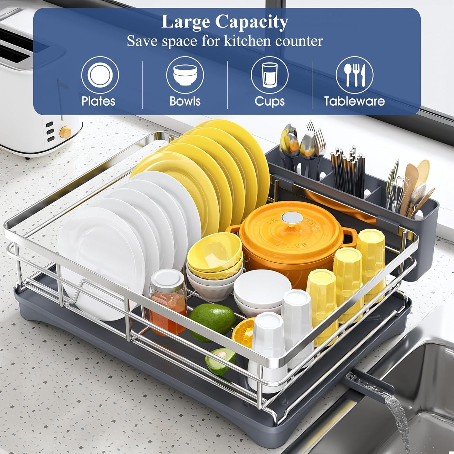 Dish Drying Rack for Kitchen Counter - Stainless Steel Dish Rack with Drainboard