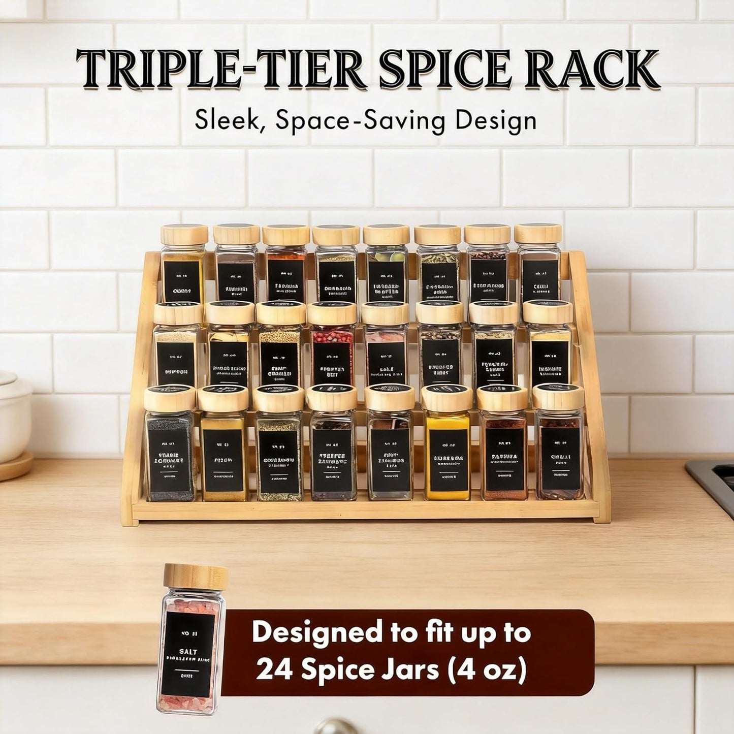 Spice Rack, Spice Organizer -3 Tier Bamboo Spice Racks, Solution for Spice Storage in Kitchens