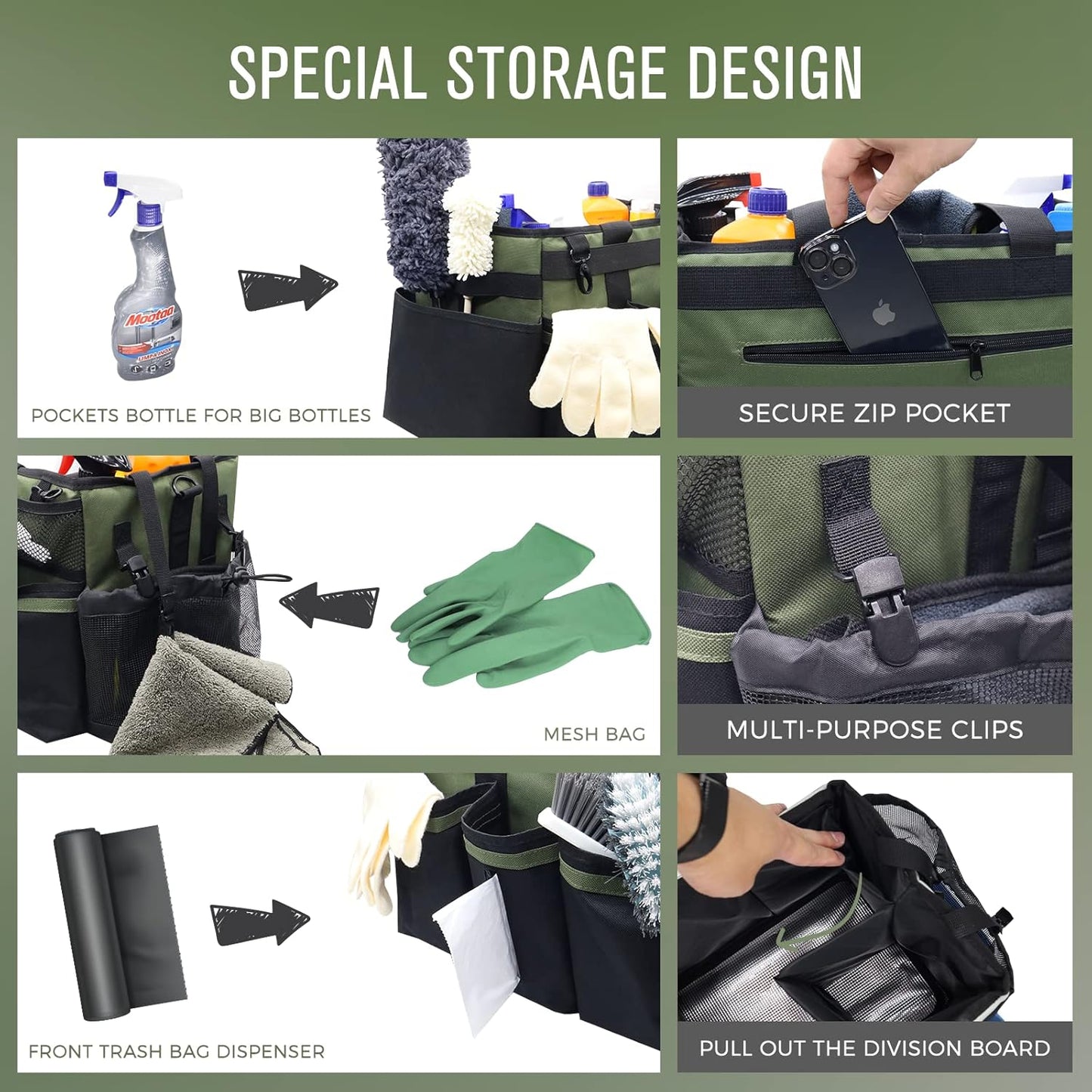 Wearable Cleaning Caddy Organizer with Handle & Shoulder Straps for Housekeepers