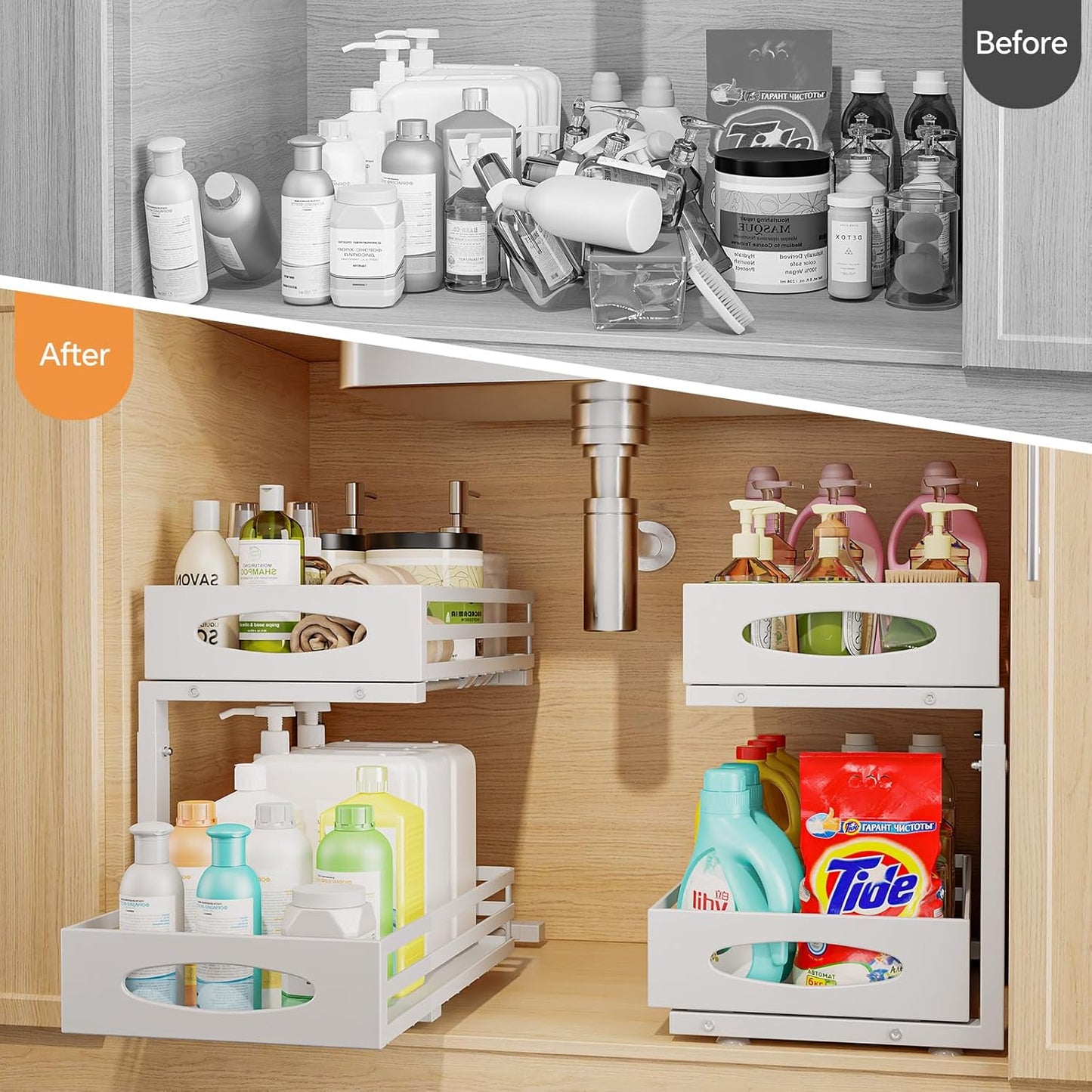 Under Sink Organizer, 2 Tier Under Sink Organizers and Storage, Adjustable Height