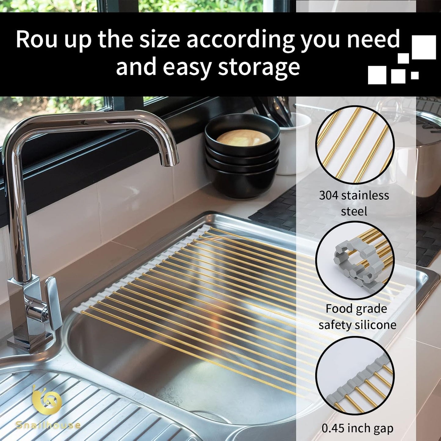Roll Up Dish Drying Rack, Stainless Steel Dish Drainer Over The Sink with Anti-Slip Silicone for Kitchen Counter, Gold (17.8 x 15.7 in)