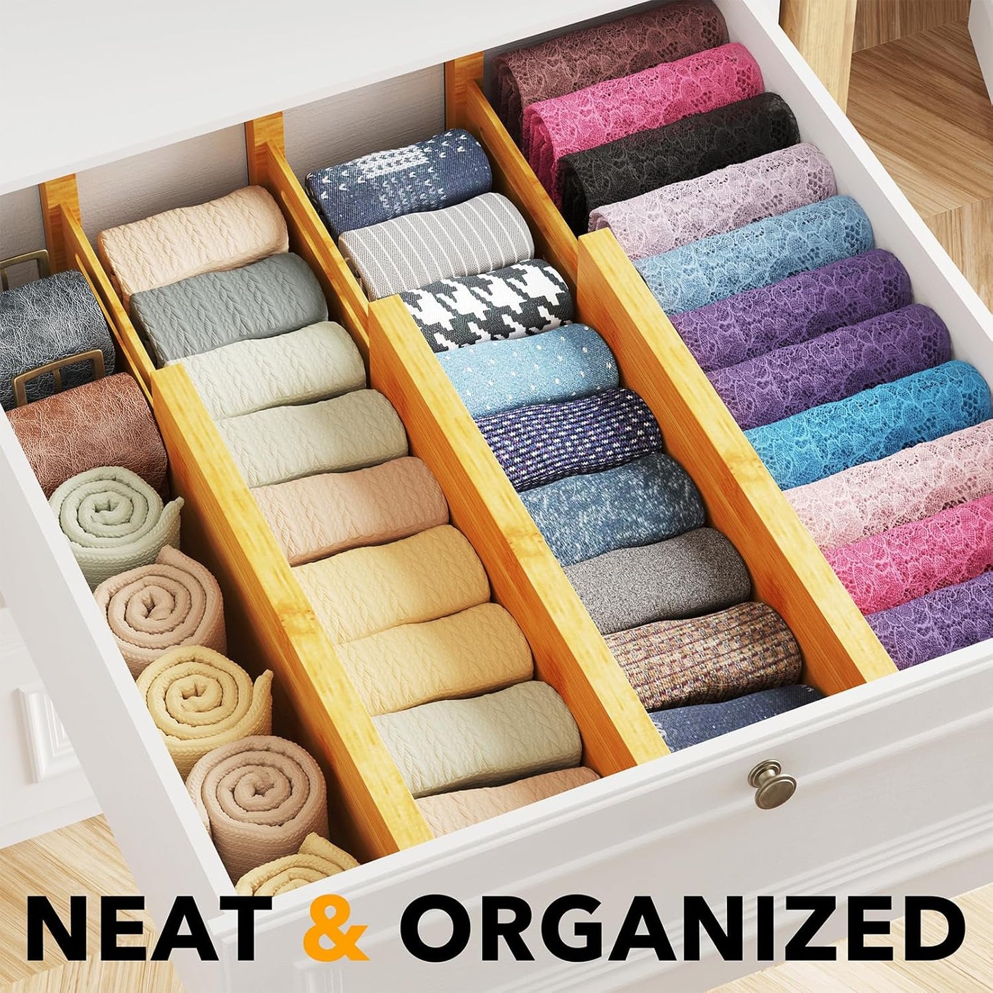 Bamboo Dresser Drawer Dividers 6 Pack, 4.65“ High Adjustable 12.5“-17” Drawer Organizers