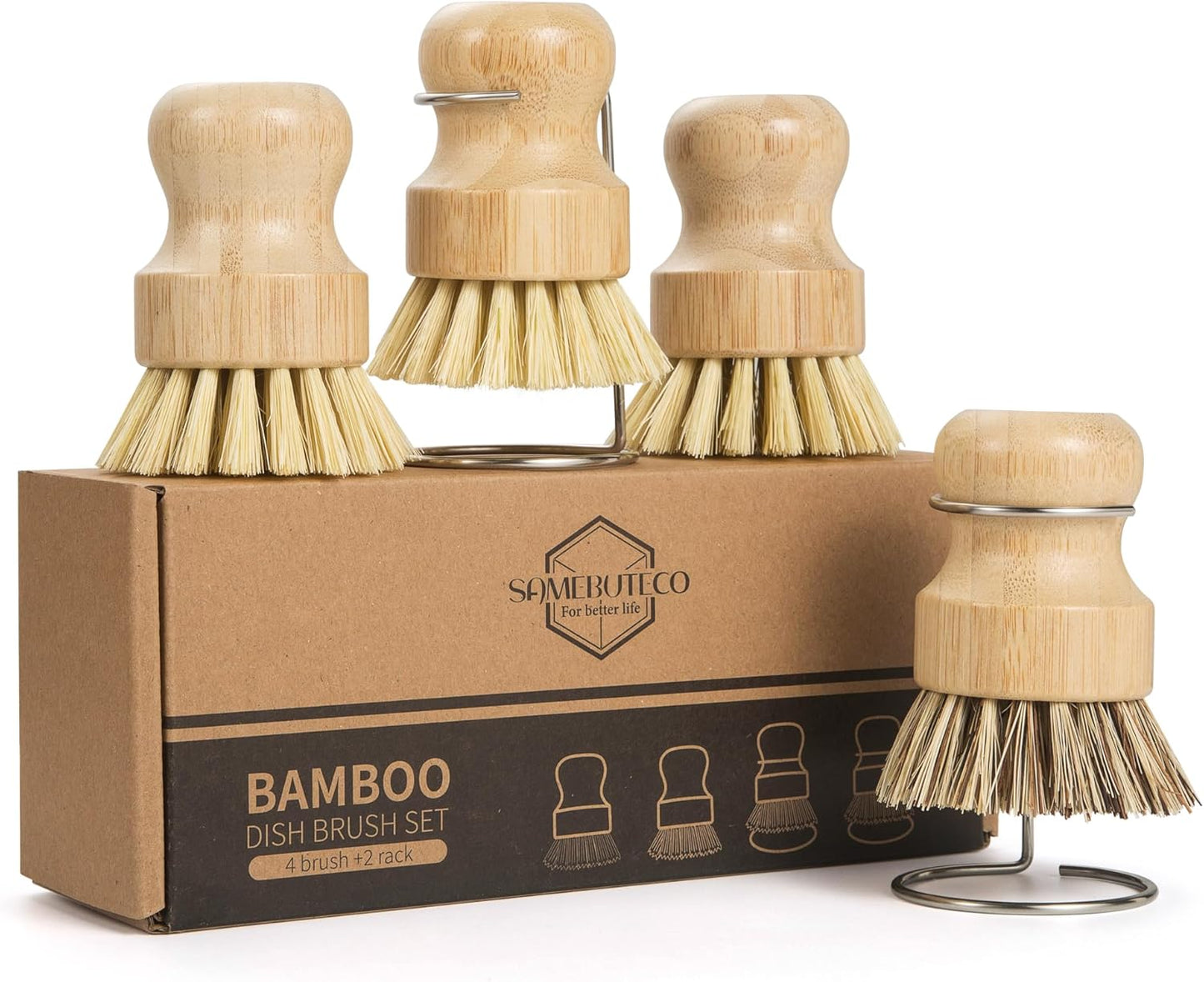 6-Piece Bamboo Dish Brush Set with Fast-Dry Stainless Steel Holder,3xNatural Sisal Bristle Brush & 1xPalm Bristle Kitchen Cleaning Brushes for Dishes, Pots, Pans & Sink