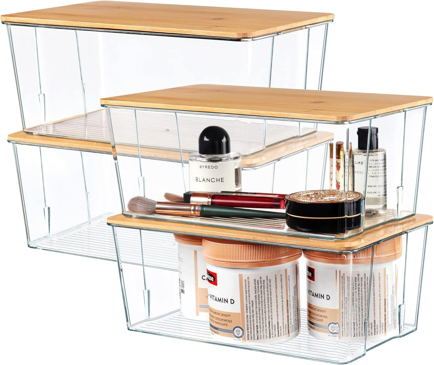 4 Pack Clear Plastic Storage Bins with Bamboo Lids