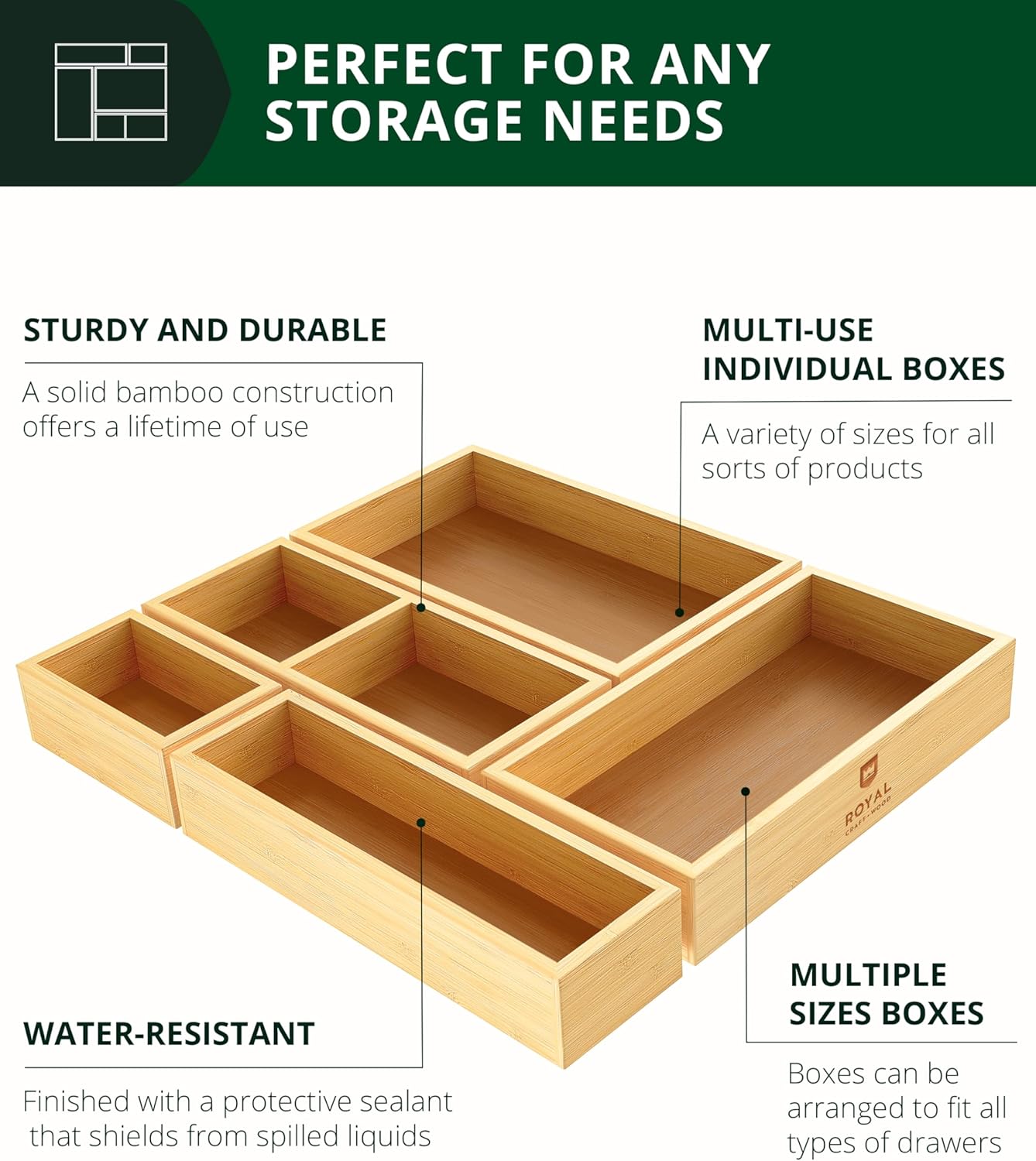 5-Piece Bamboo Drawer Organizer Set – Multi-Use Storage Trays for Kitchen, Bathroom, Office