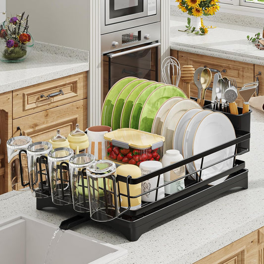 Dish Drying Rack for Kitchen Counter - Large Capacity Dish Drainer with Cutlery Holder & Drip Tray