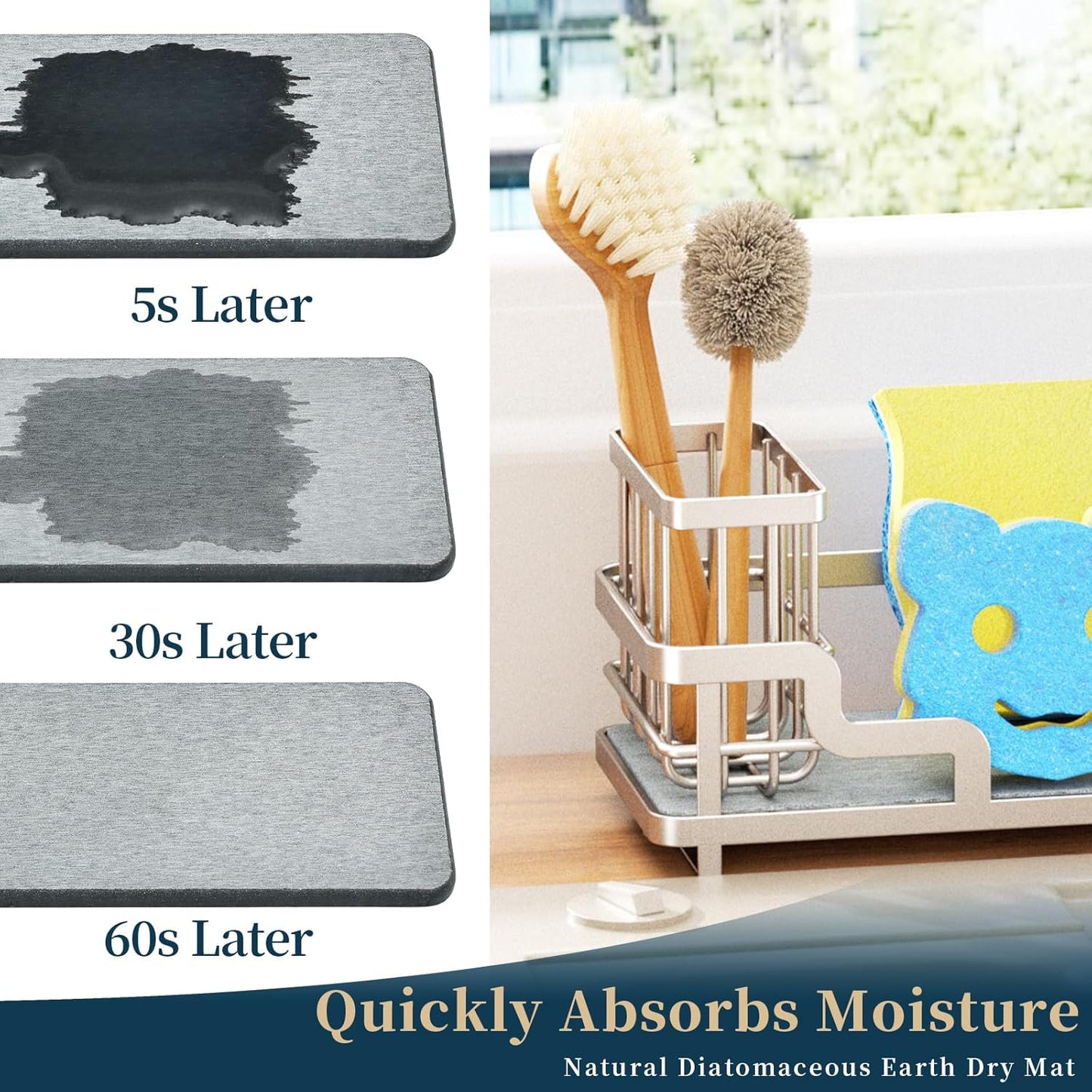 Sponge Holder for Kitchen Sink - Sink Caddy Organizer with Water Absorbing Stone Tray