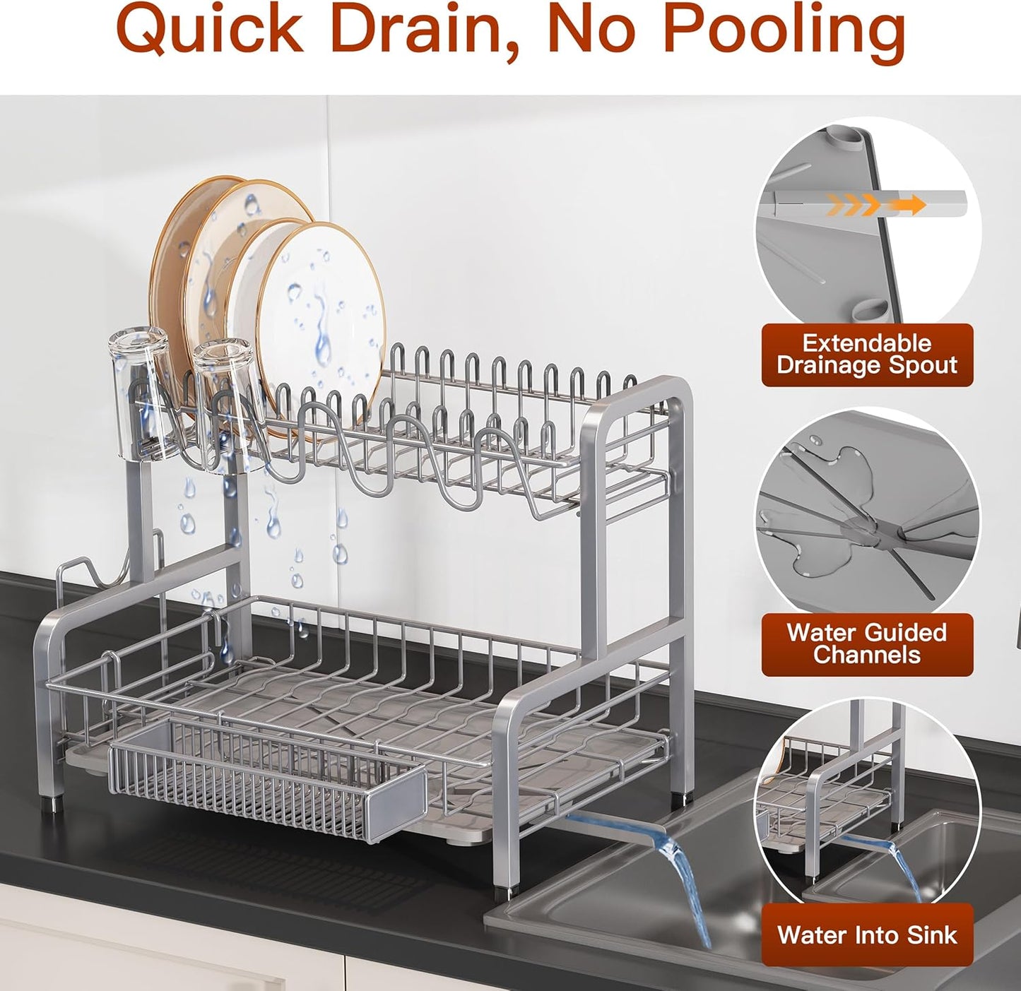 2 Tier Dish Drainer Drying Rack for Kitchen Counter Large Stainless Steel Dishes Drain with Drainboard Set, Space Saving, Big Modern Black Countertop Metal Plate Dryer Strainer Holder and Extra Tray